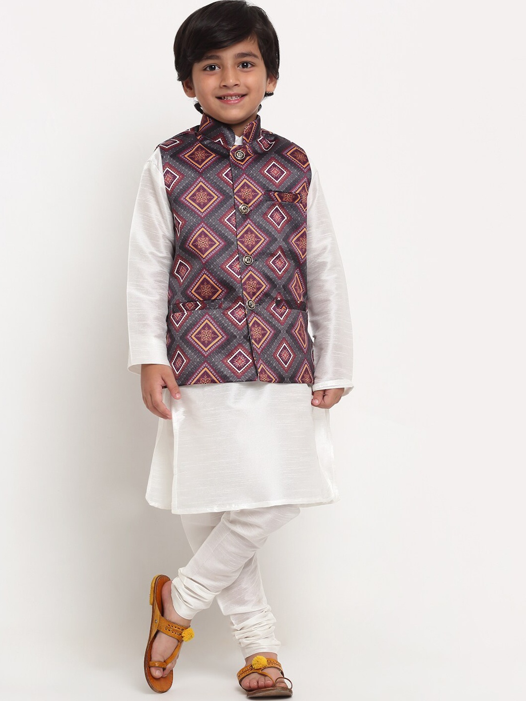 

Benstoke Boys White Printed Kurta with Churidar and Nehru Jacket