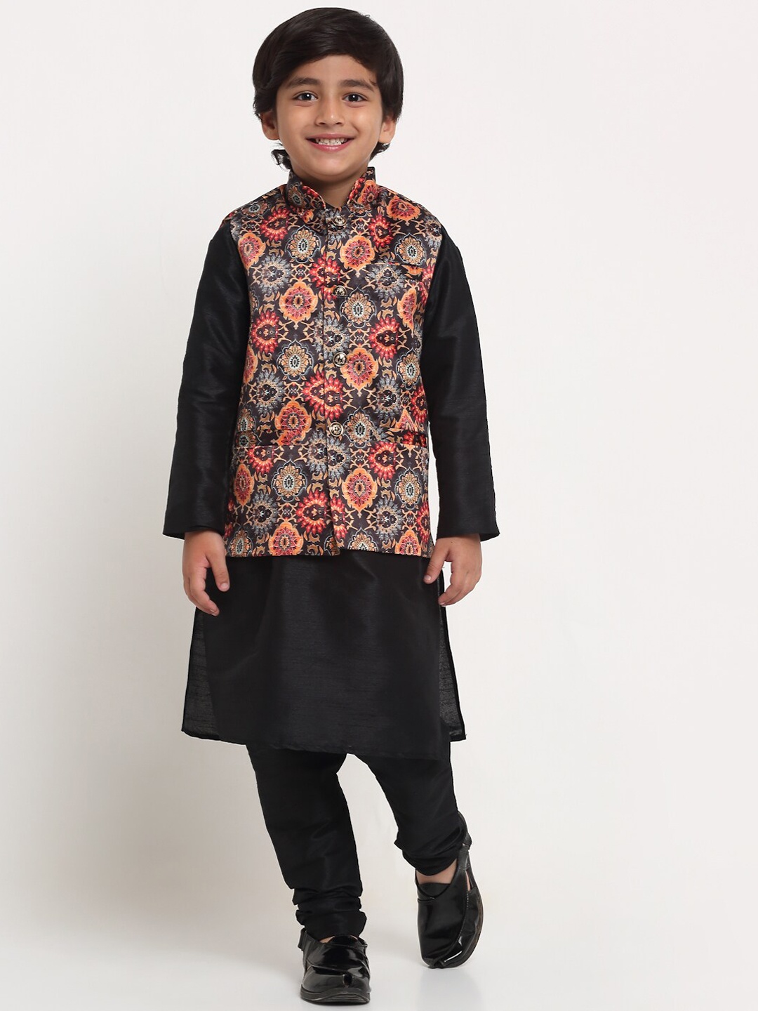 

Benstoke Boys Black Ethnic Motifs Printed Kurta with Churidar and Nehru Jacket