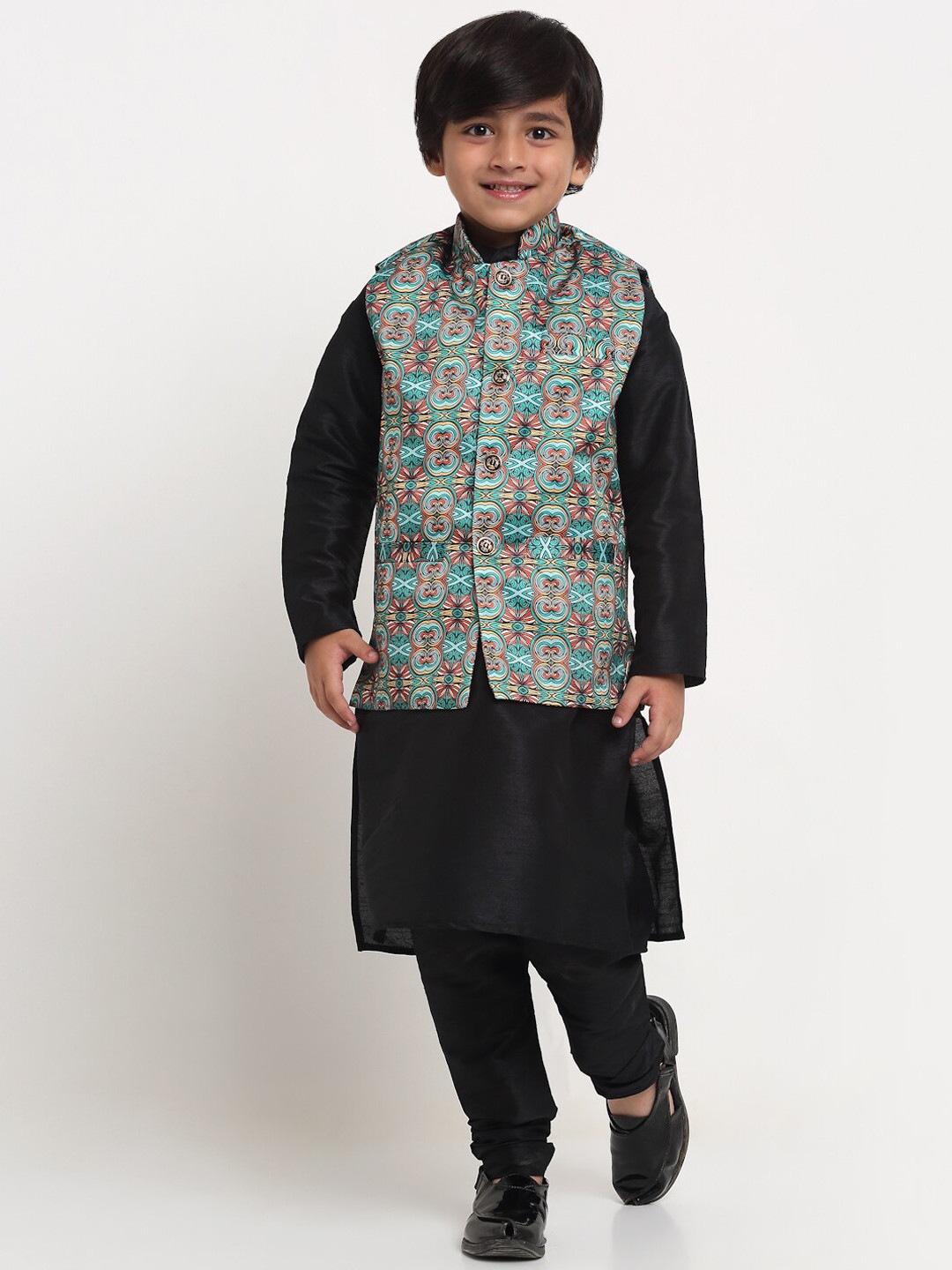 

Benstoke Boys Black Printed Kurta with Churidar and Nehru Jacket