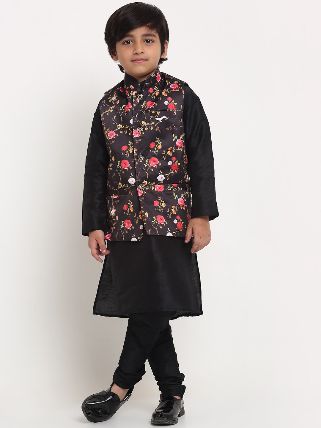 

Benstoke Boys Black Floral Printed Kurta with Churidar and Nehru Jacket