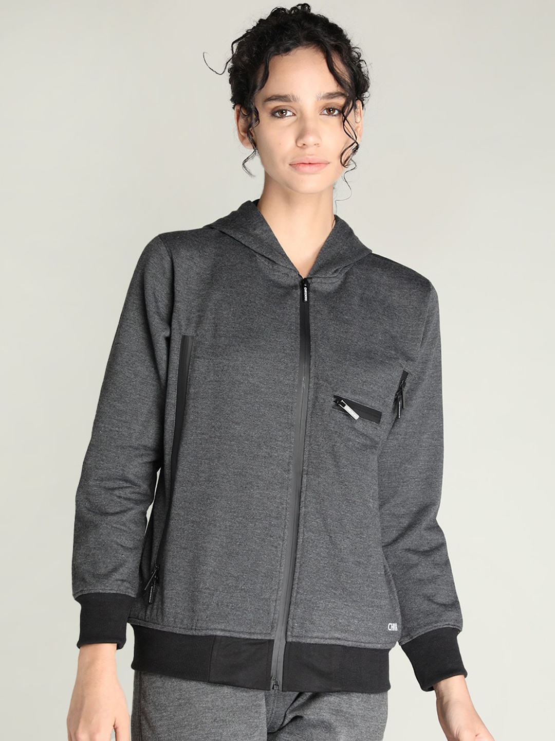 

CHKOKKO Women Grey Black Bomber Jacket