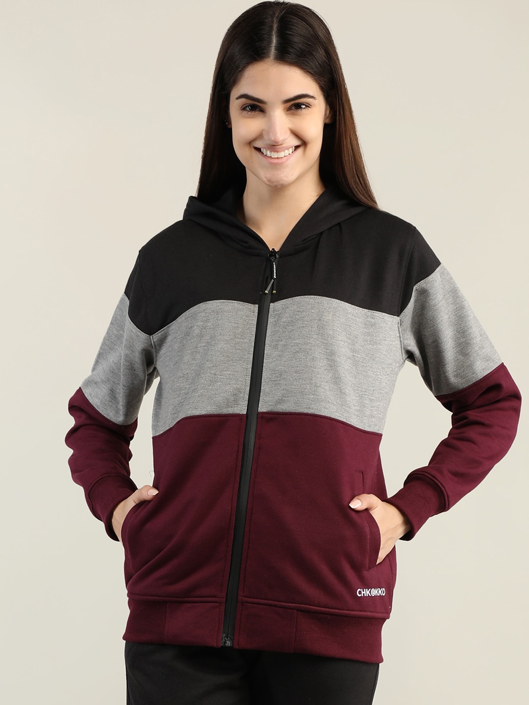 

CHKOKKO Women Black Grey Colourblocked Outdoor Sporty Jacket