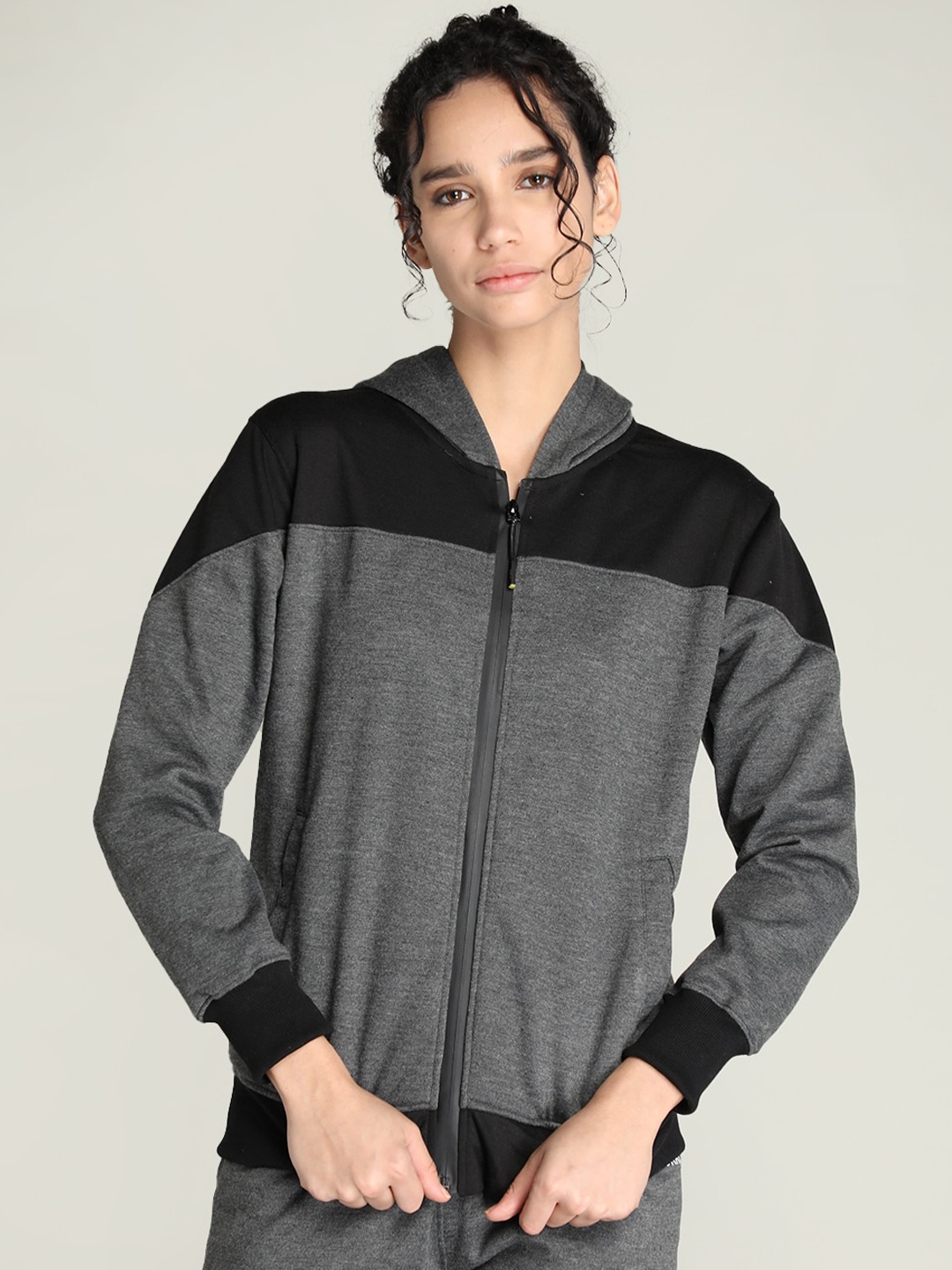 

CHKOKKO Women Black Grey Colourblocked Bomber Jacket