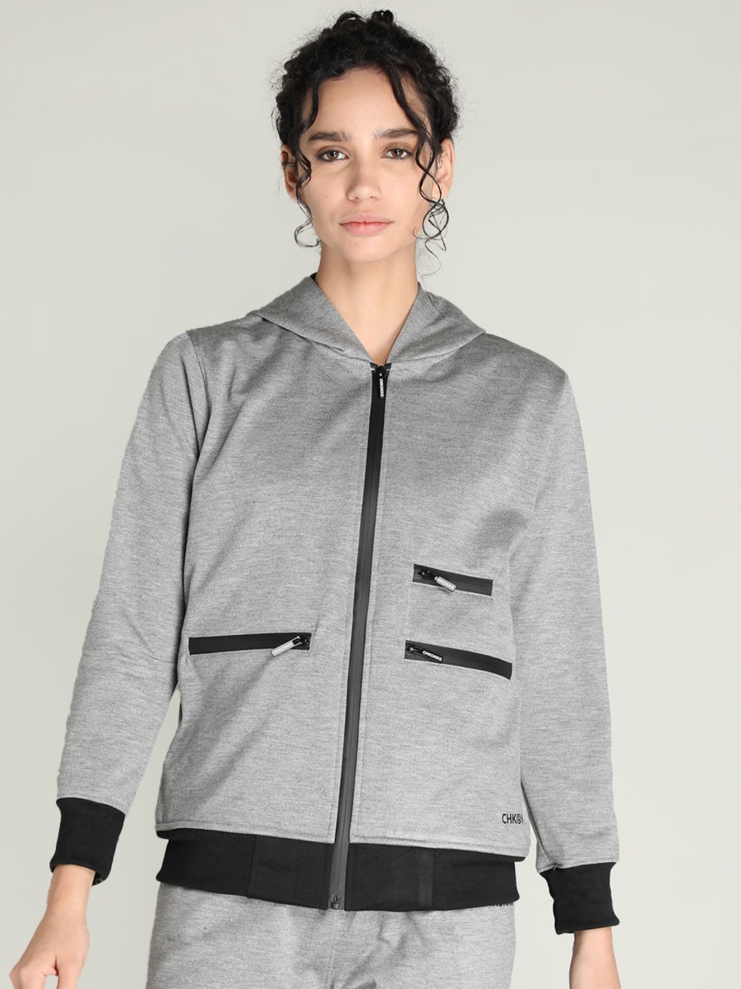 

CHKOKKO Women Grey Black Bomber Jacket