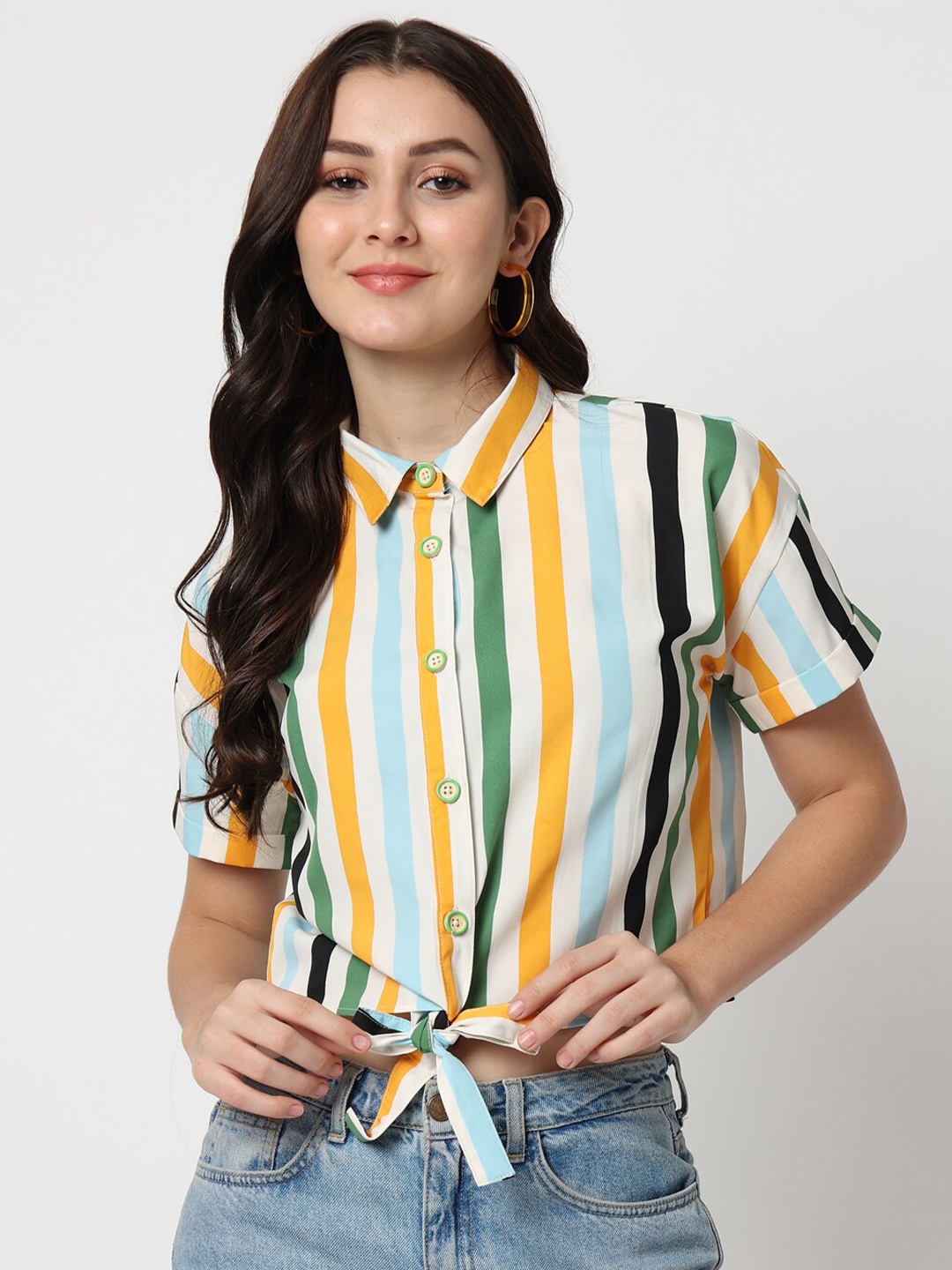 

CHARMGAL Multicoloured Striped Crepe Styled Back Top, Multi