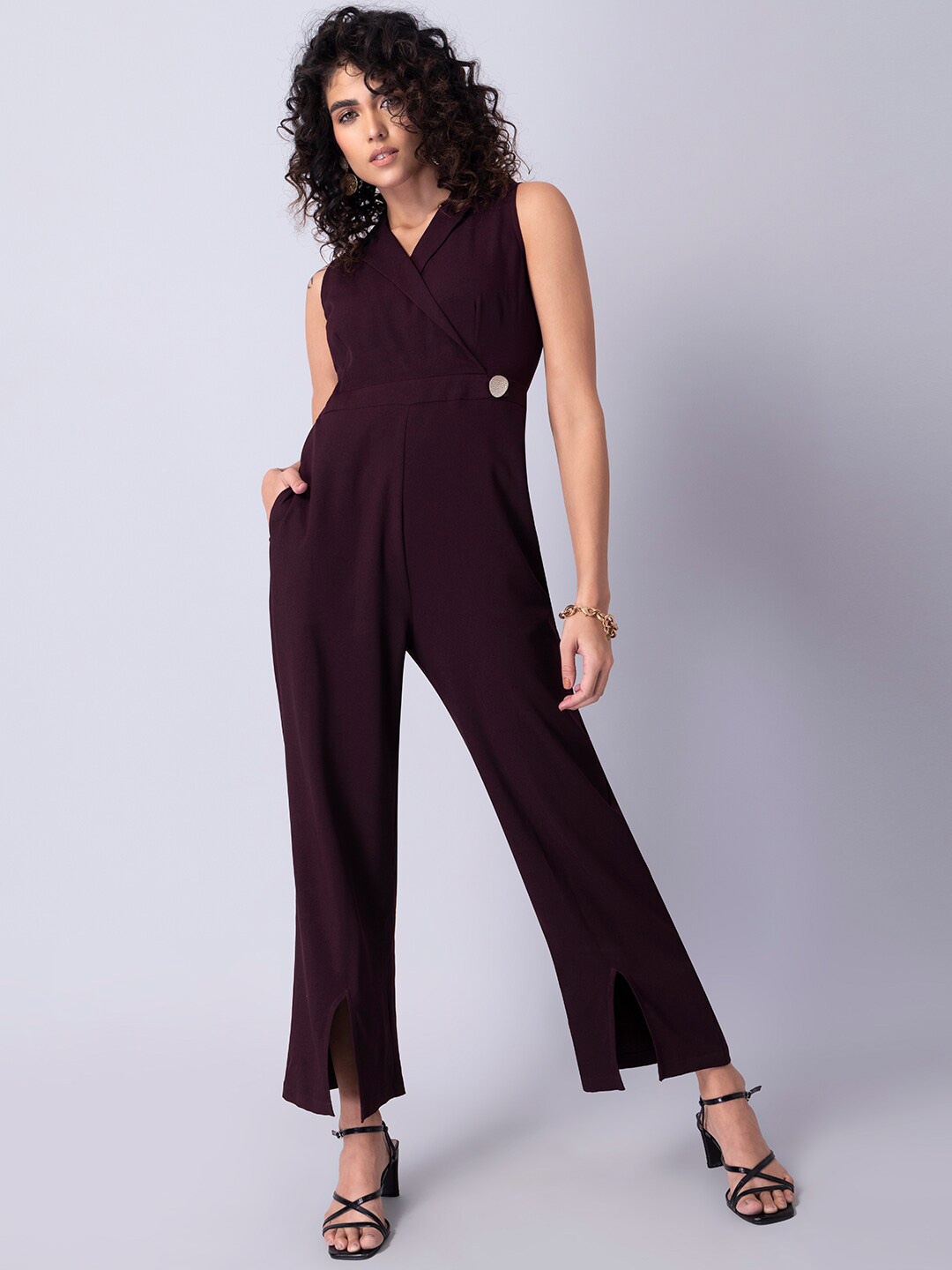 

FabAlley Women Burgundy Solid Sleeveless Wrap Jumpsuit