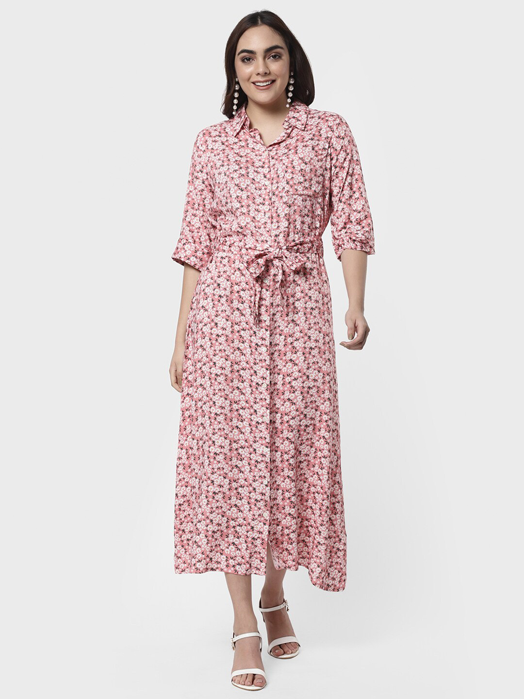 

R&B Pink Floral Shirt Midi Dress