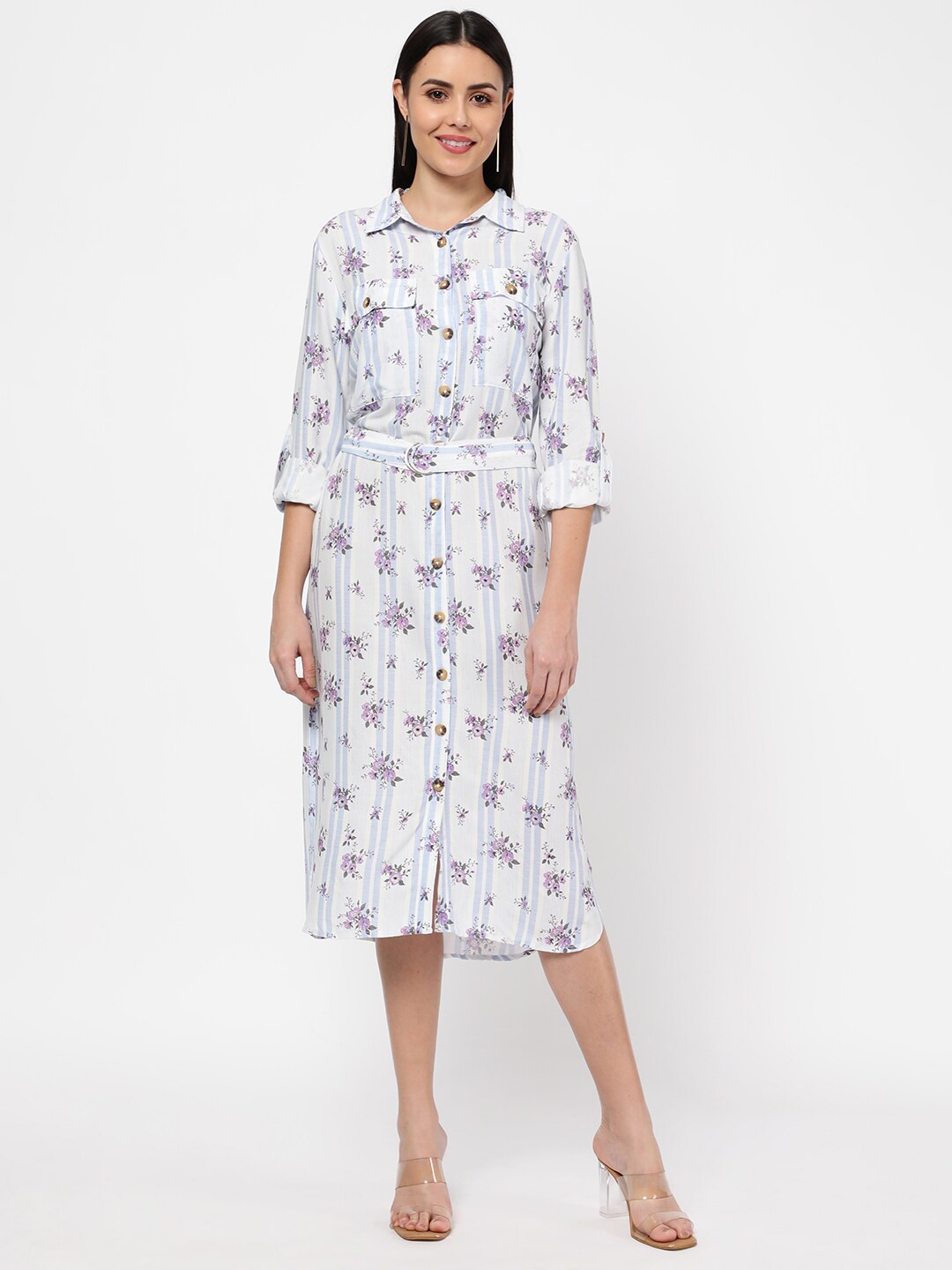 

R&B White Floral Shirt Midi Dress