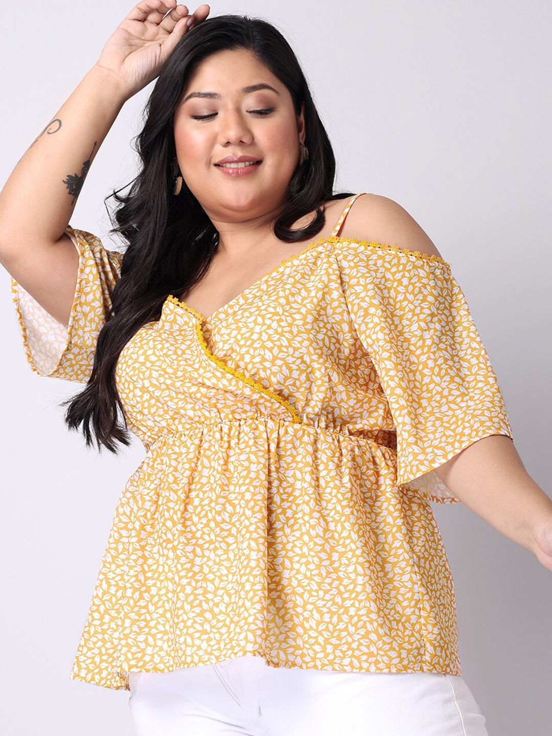 

FabAlley Curve Yellow Print Crepe Empire Top