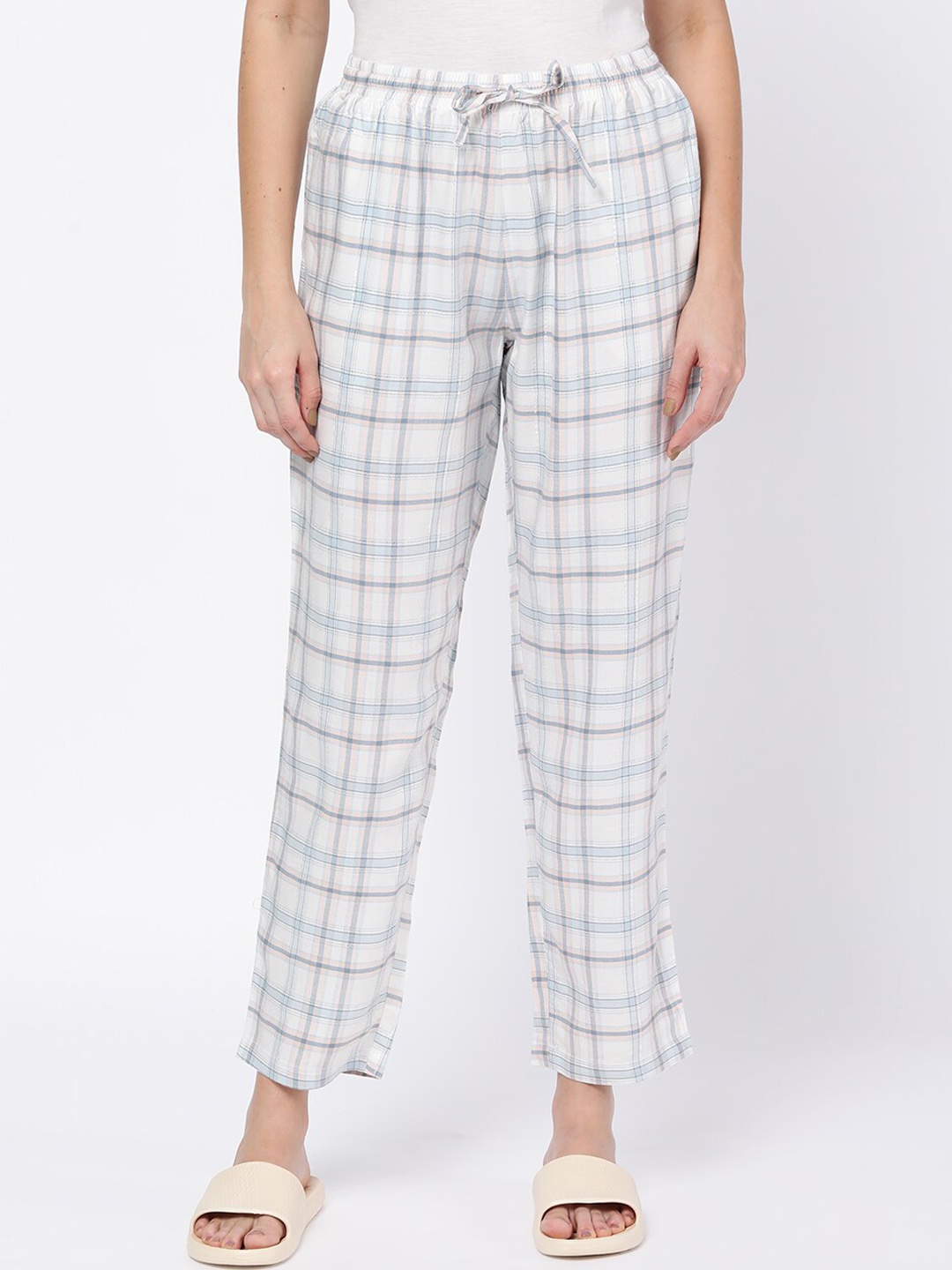 

R&B Women White & Blue Printed Checked Drawstring Lounge Pants