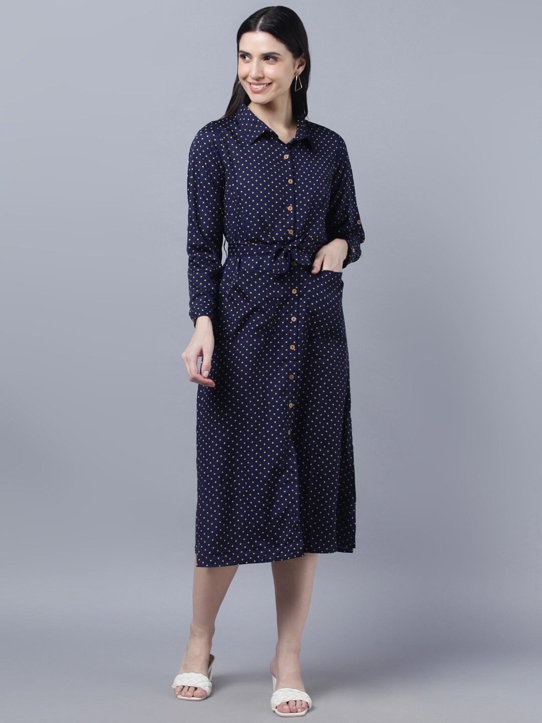 

Myshka Navy Blue Crepe Shirt Midi Dress