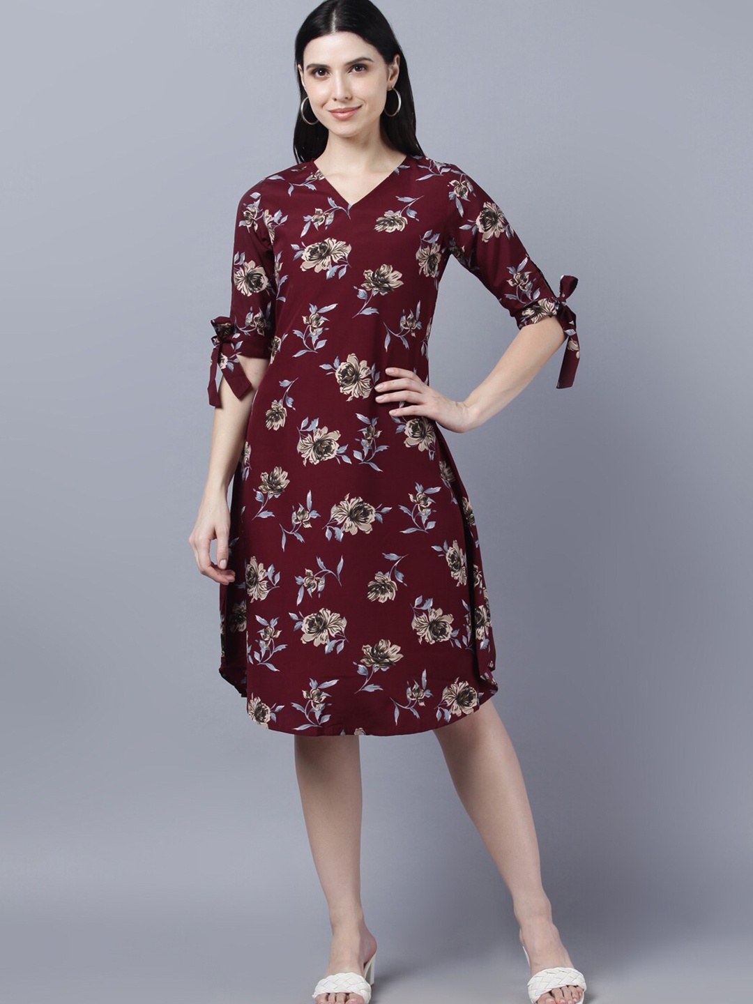 

Myshka Maroon Floral Crepe Dress