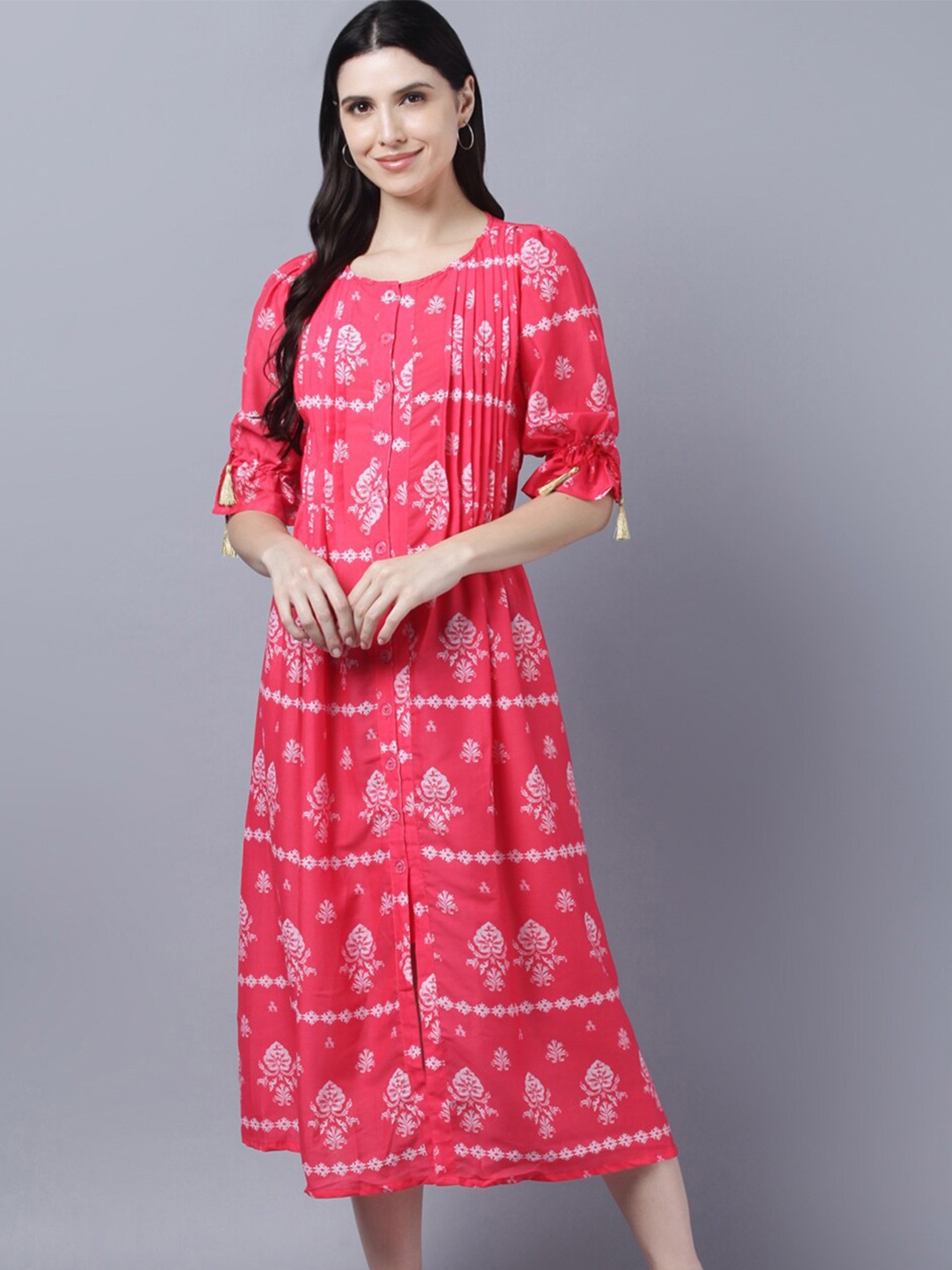 

Myshka Pink Ethnic Motifs A-Line Midi Dress