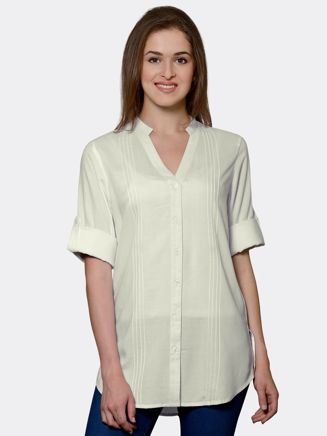 

PATRORNA Women Off White Comfort Casual Shirt