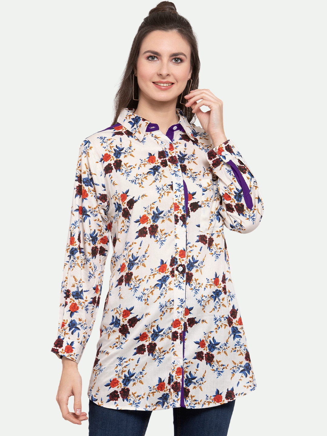

PATRORNA Women Off White Comfort Floral Printed Casual Shirt