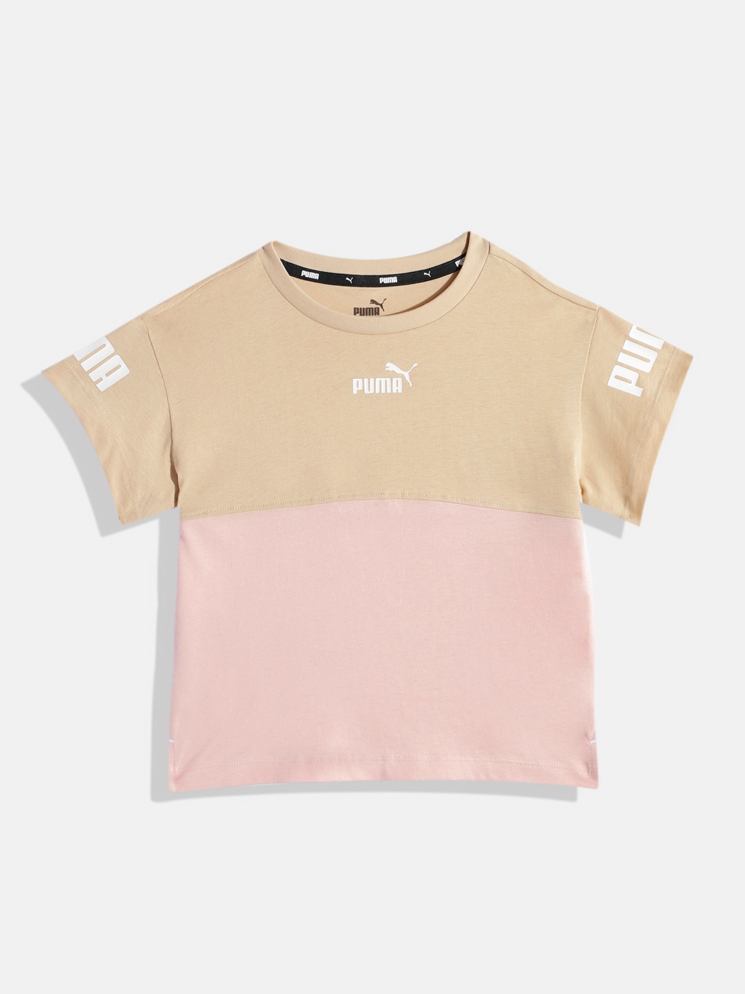 

Puma Girls Power Colourblocked Pure Cotton T-shirt, Beige