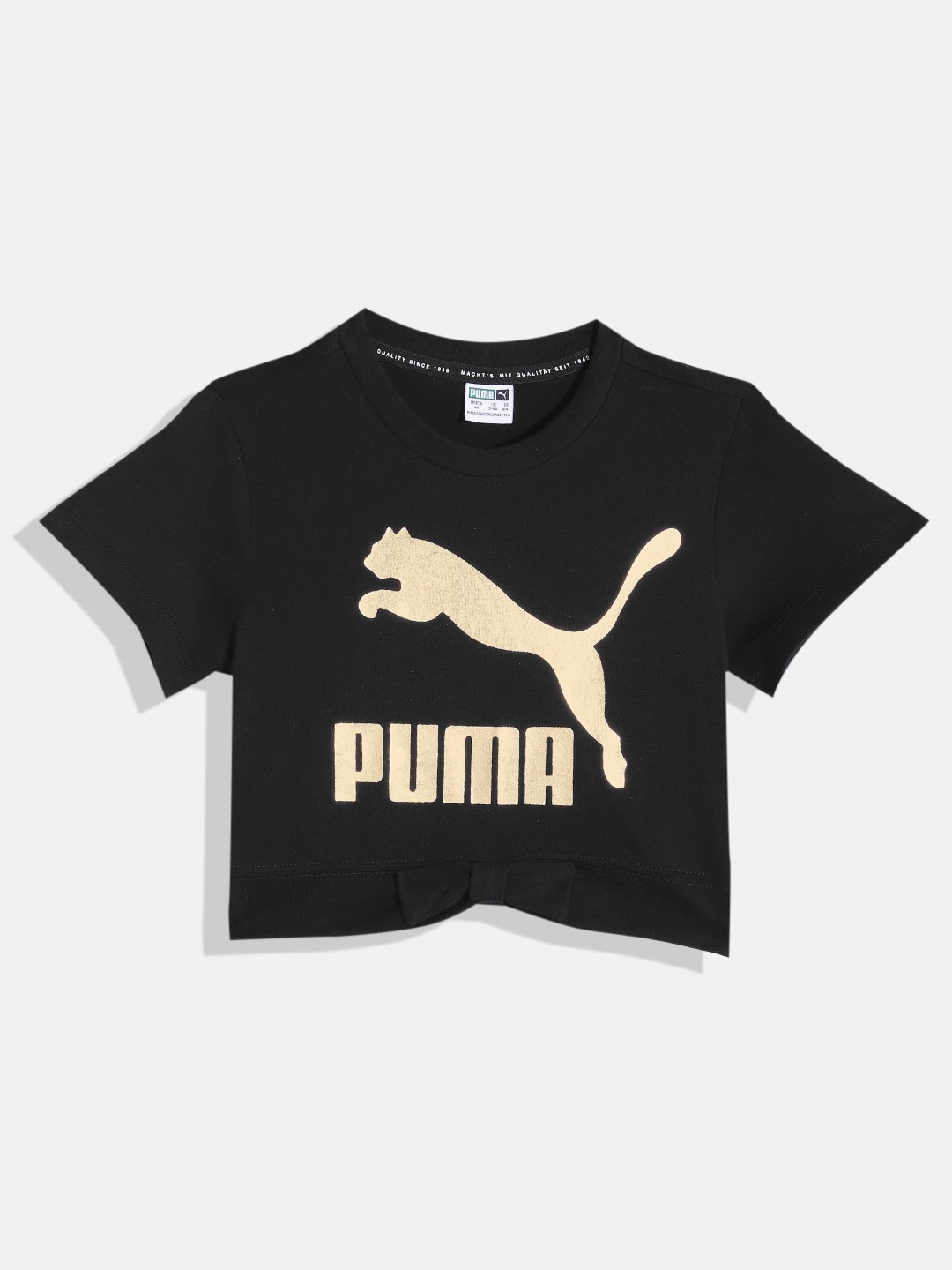 Puma Girls Brand Logo Printed Relaxed Fit Pure Cotton Classics Bow Crop T-shirt, Black