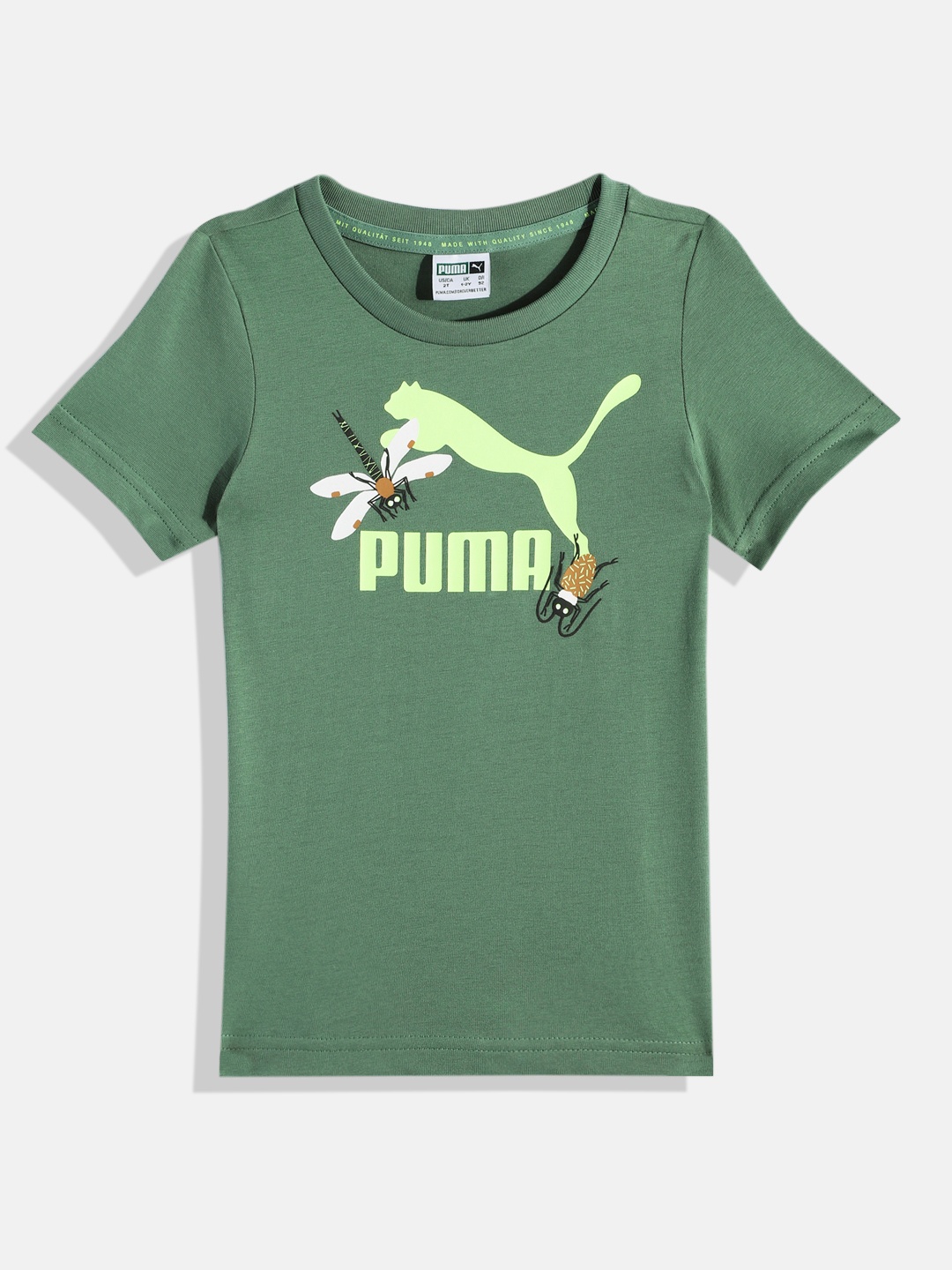 

Puma Kids Brand Logo Printed Small World Regular Fit Pure Cotton T-shirt, Green