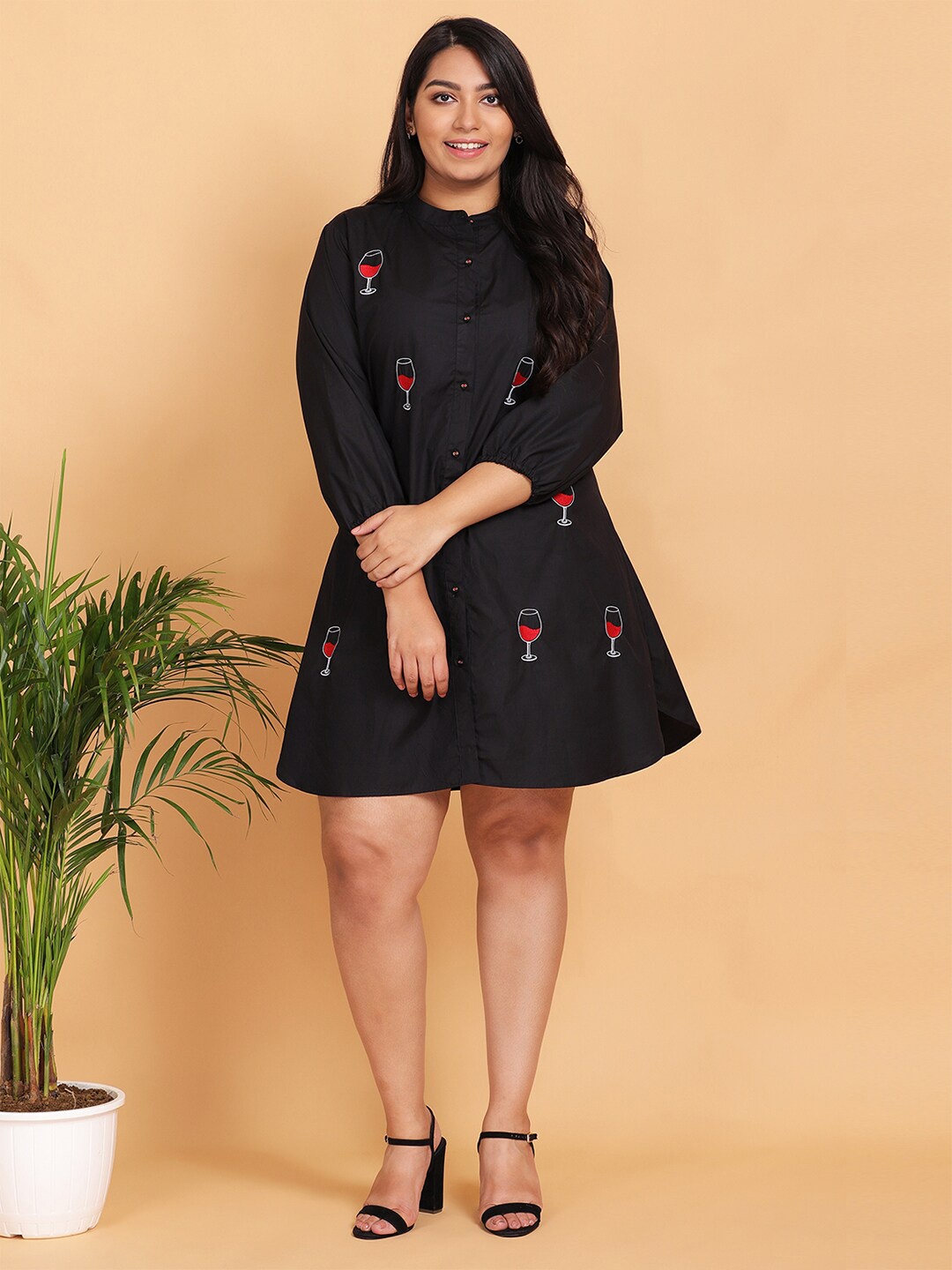 

LastInch Black Embroidered Shirt Dress