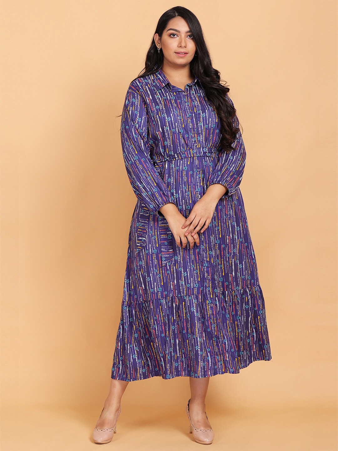 

LastInch Blue Printed Ruffle Maxi Dress