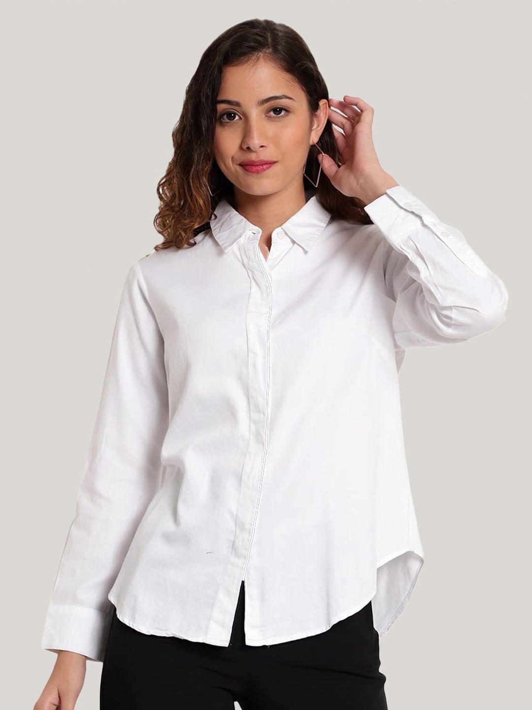 

Indietoga Women Plus Size White Solid Slim Fit Cotton Formal Shirts