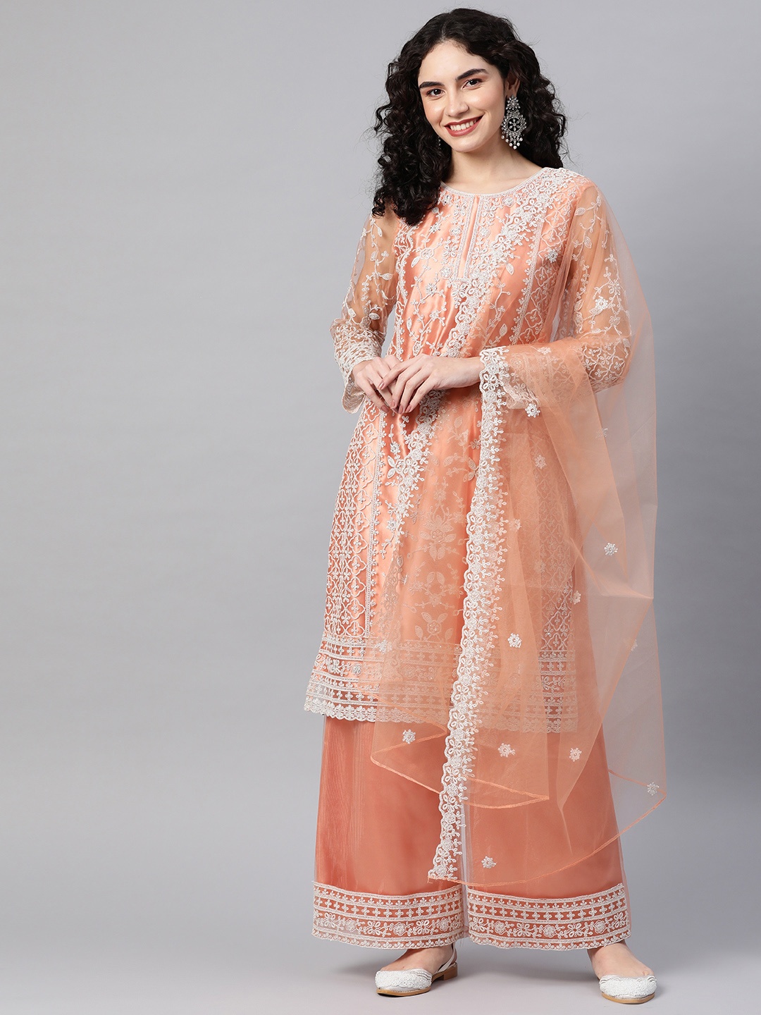 

Readiprint Fashions Peach-Coloured & White Embroidered Semi-Stitched Dress Material