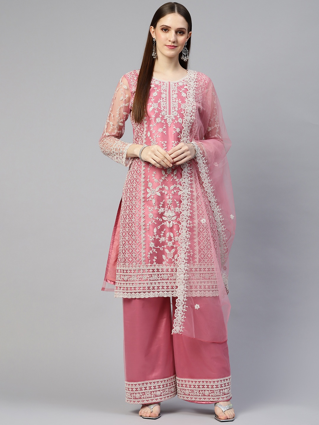 

Readiprint Fashions Pink & White Embroidered Semi-Stitched Dress Material