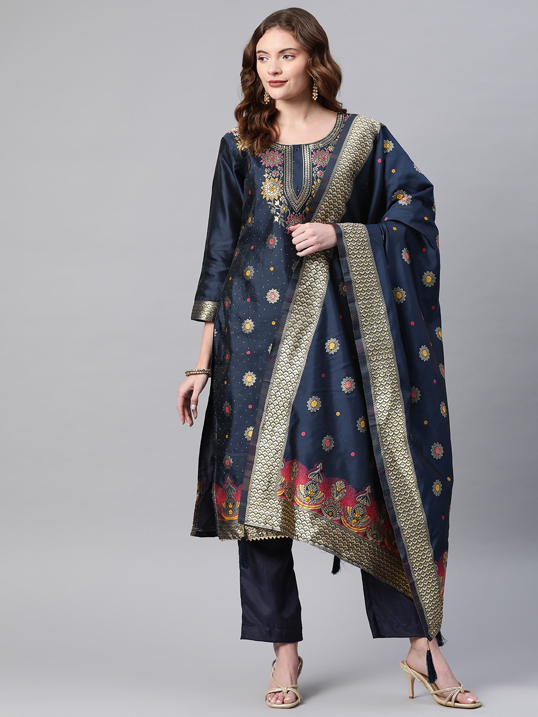 

Readiprint Fashions Navy Blue Woven Design Semi-Stitched Dress Material