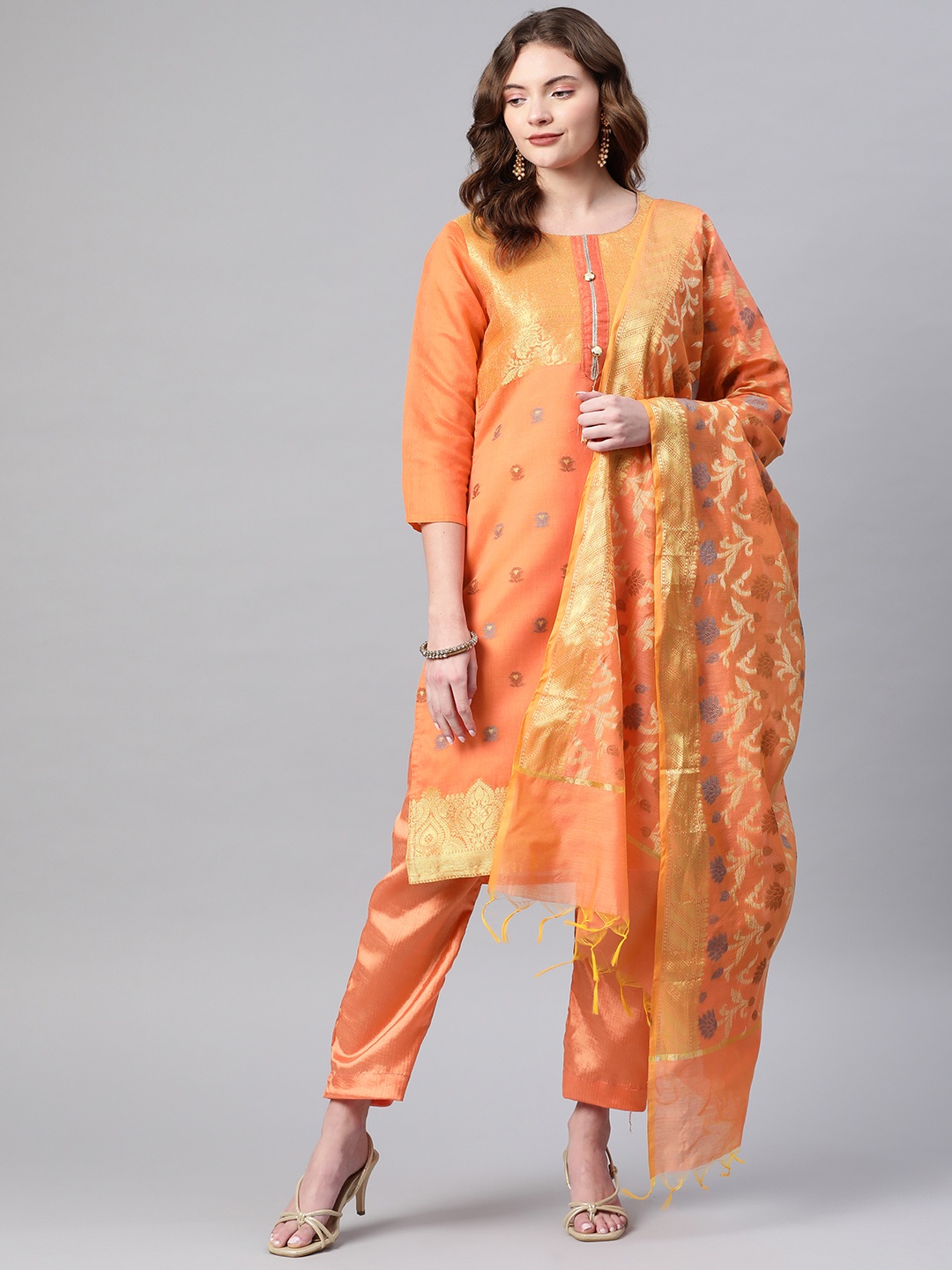 

Readiprint Fashions Orange Woven Design Semi-Stitched Dress Material