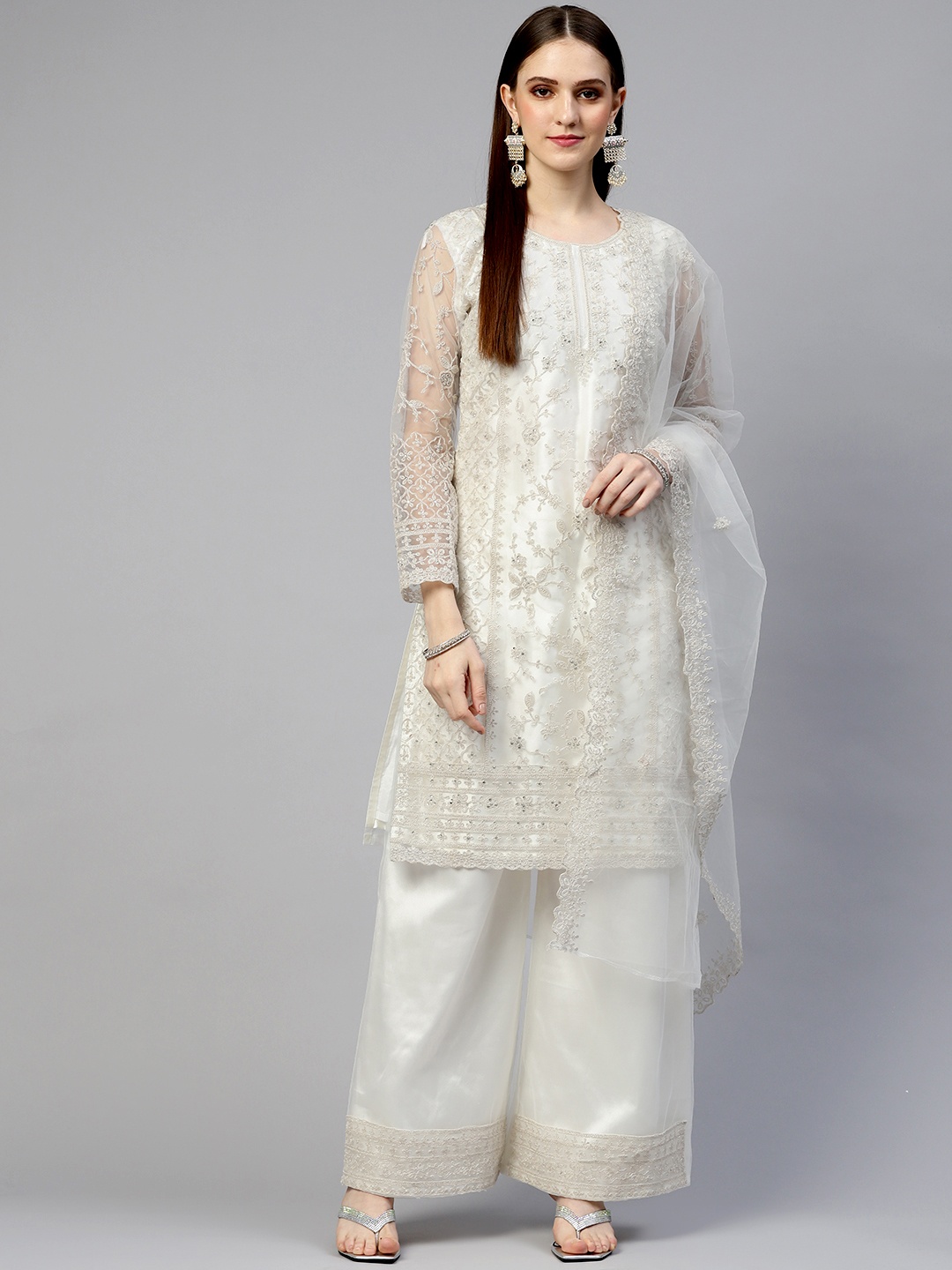 

Readiprint Fashions White Embroidered Semi-Stitched Dress Material