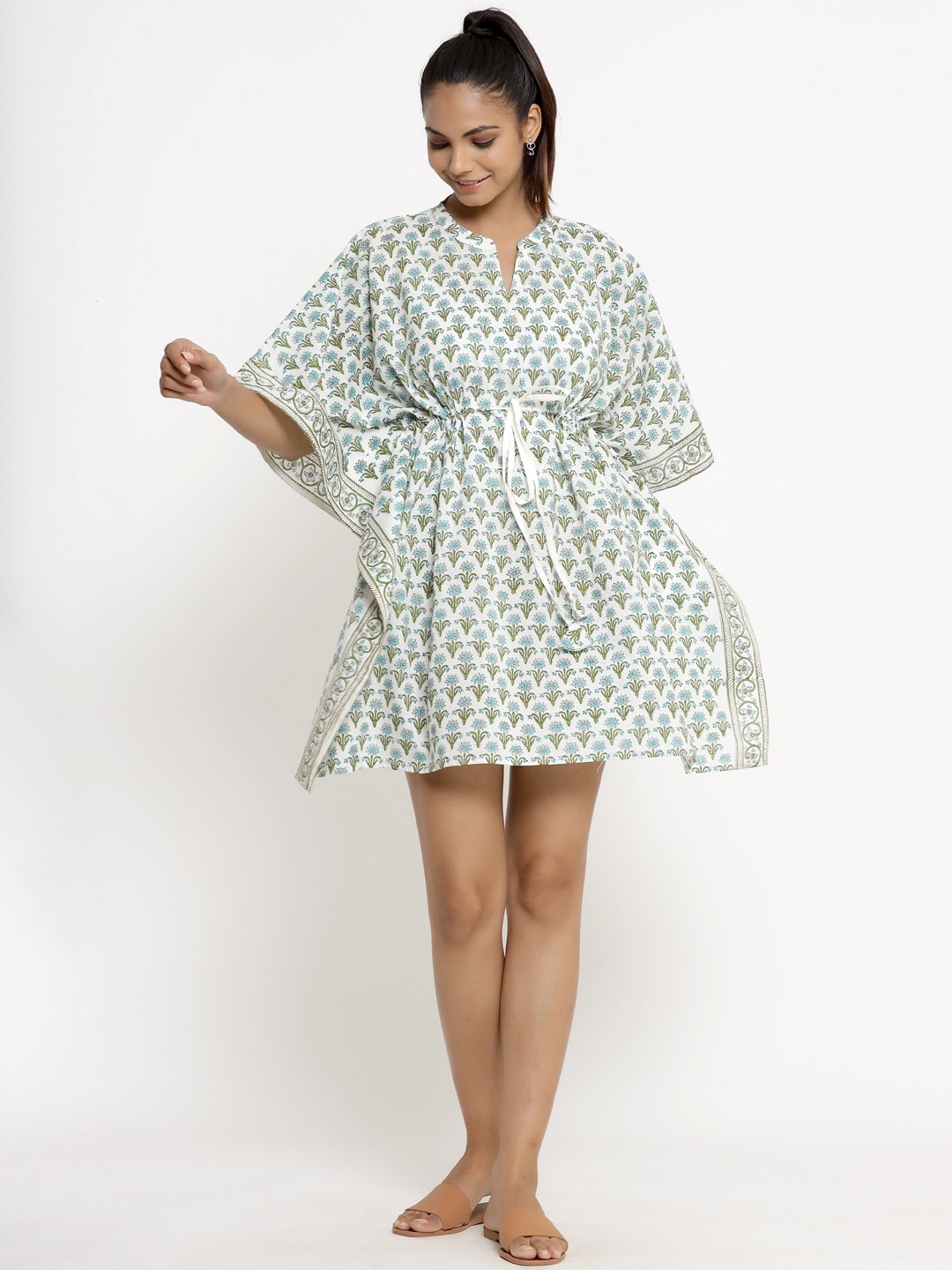 

kipek Ethnic Motifs Pure Cotton Kaftan Mini Dress, White