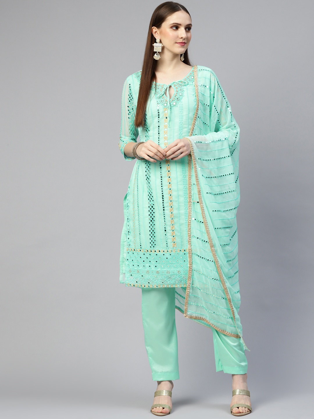 

Readiprint Fashions Sea Green Embroidered Mirror Work Semi-Stitched Dress Material