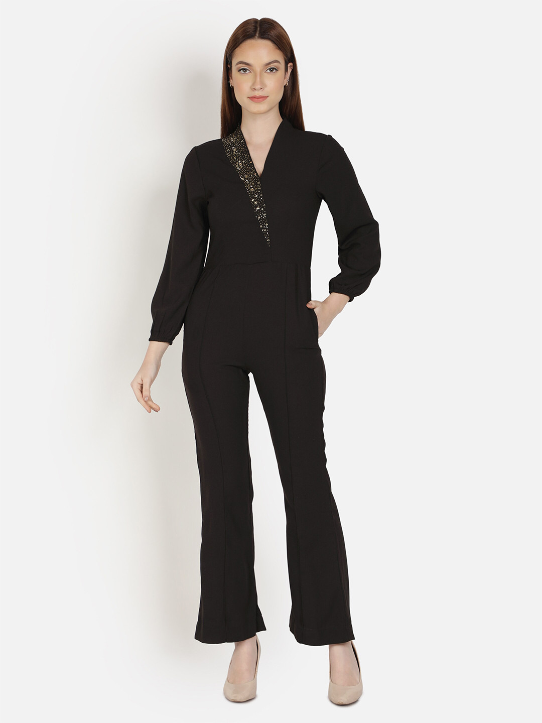 

Sipsew Women Black & Gold Solid Polyester Basic Jumpsuit