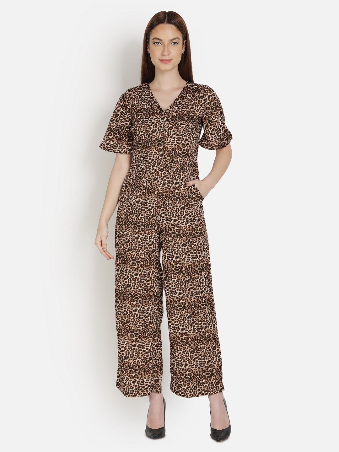 

Sipsew Women Beige & Black Animal Printed Basic Jumpsuit