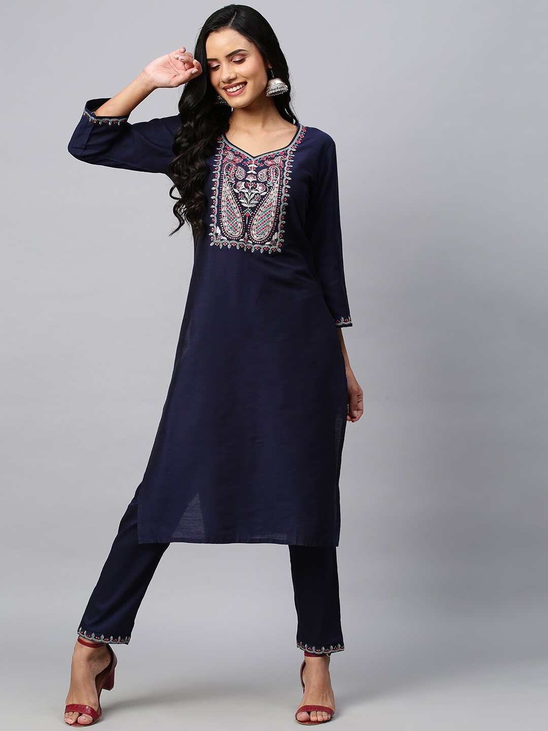 

POONAM DESIGNER Women Navy Blue Yoke Design Thread Work Kurta with Trousers