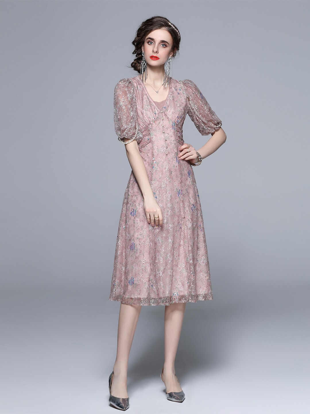 

JC Collection Printed Floral Midi V-Neck Puff Sleeves Dress, Pink