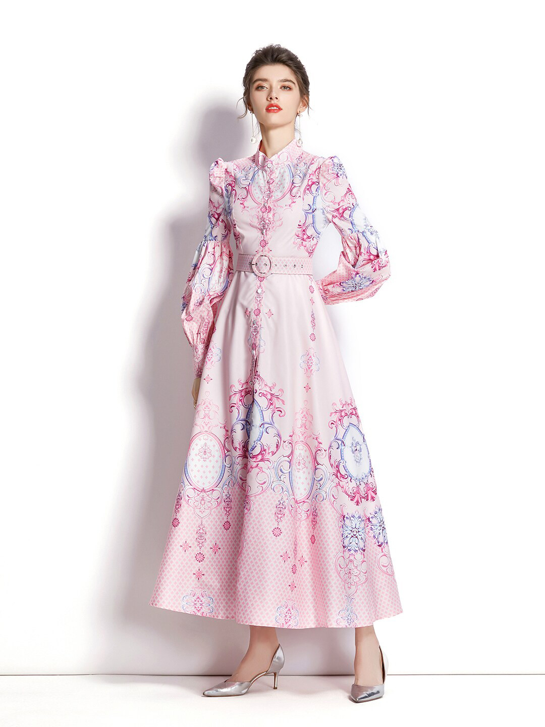 

JC Collection Mandarin-Collar Printed Floral Maxi Dress, Pink
