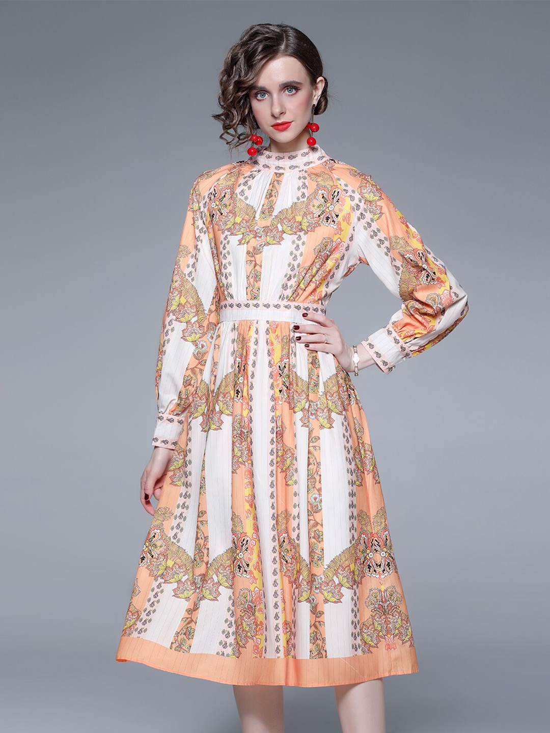 

JC Collection Orange Ethnic Motifs A-Line Midi Dress