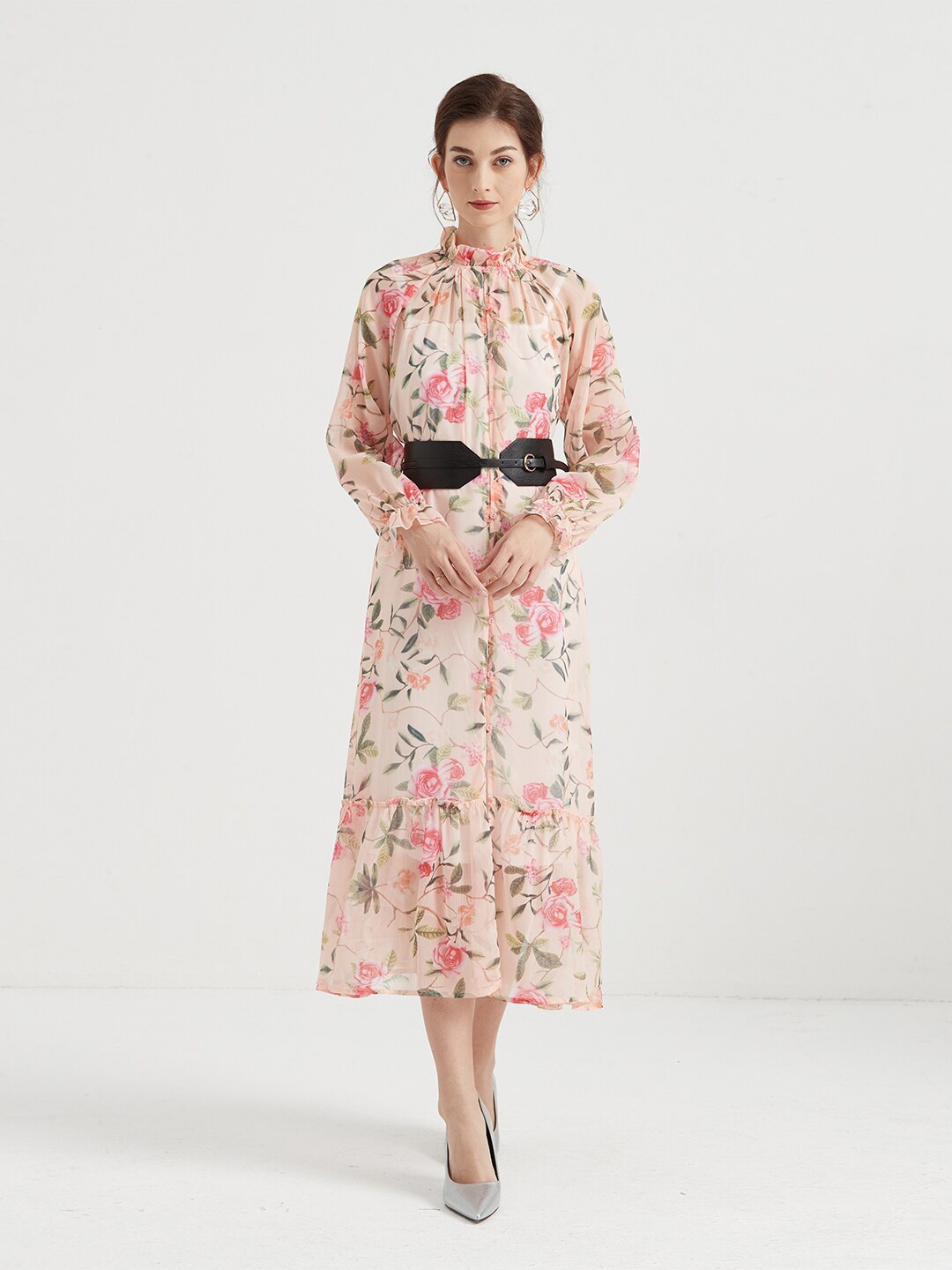

JC Collection Beige Floral Tie-Up Neck A-Line Midi Dress