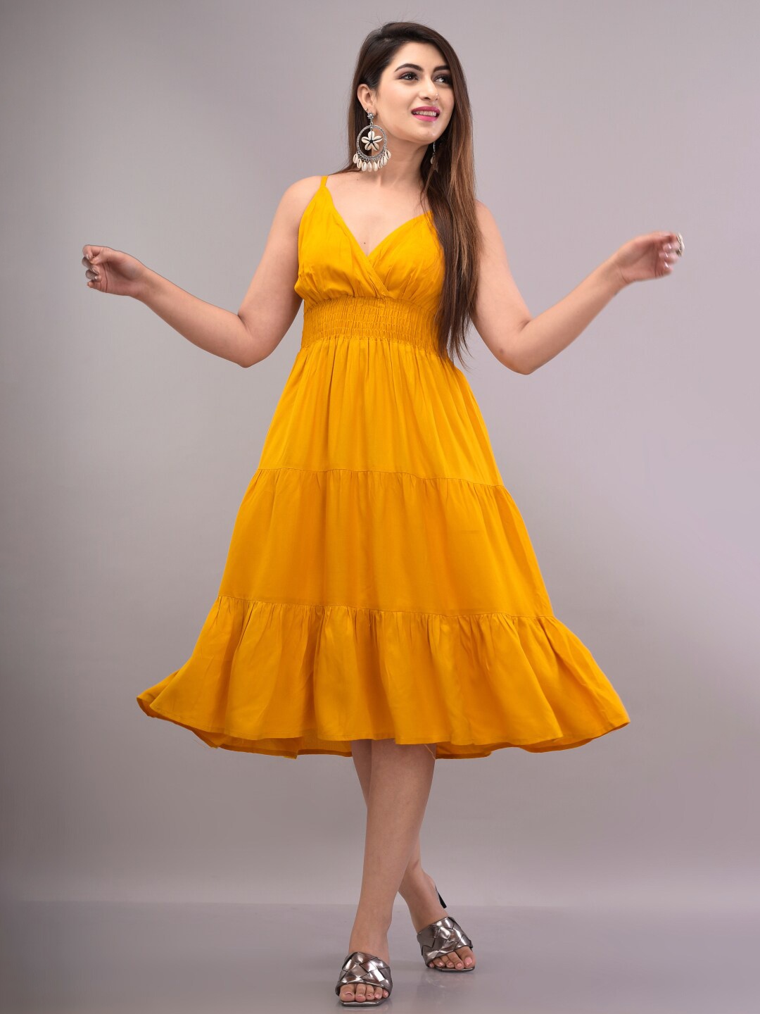 

IQRAAR Yellow Empire Midi Dress