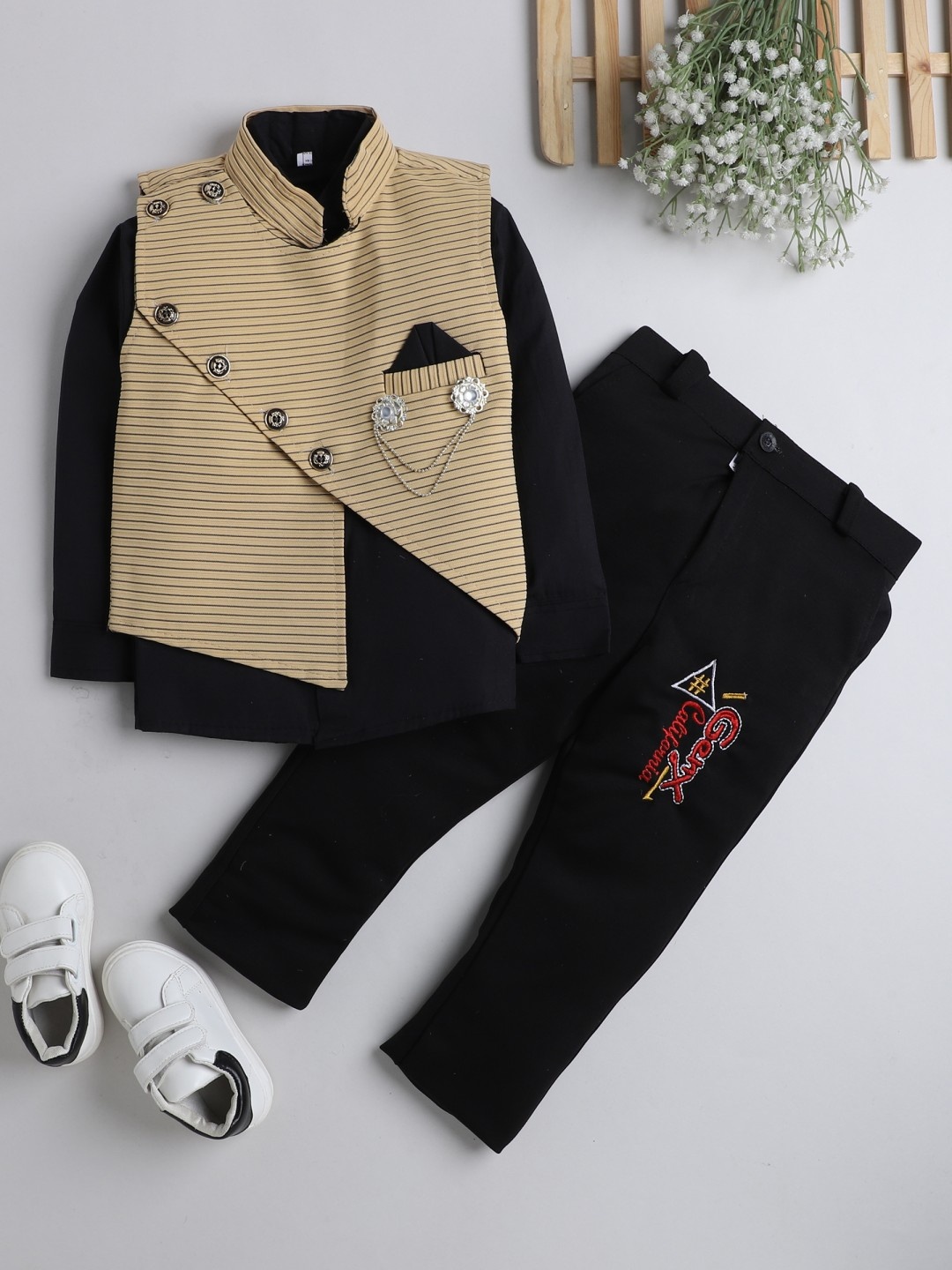 

DKGF FASHION Boys Beige & Black Striped Shirt with Trousers