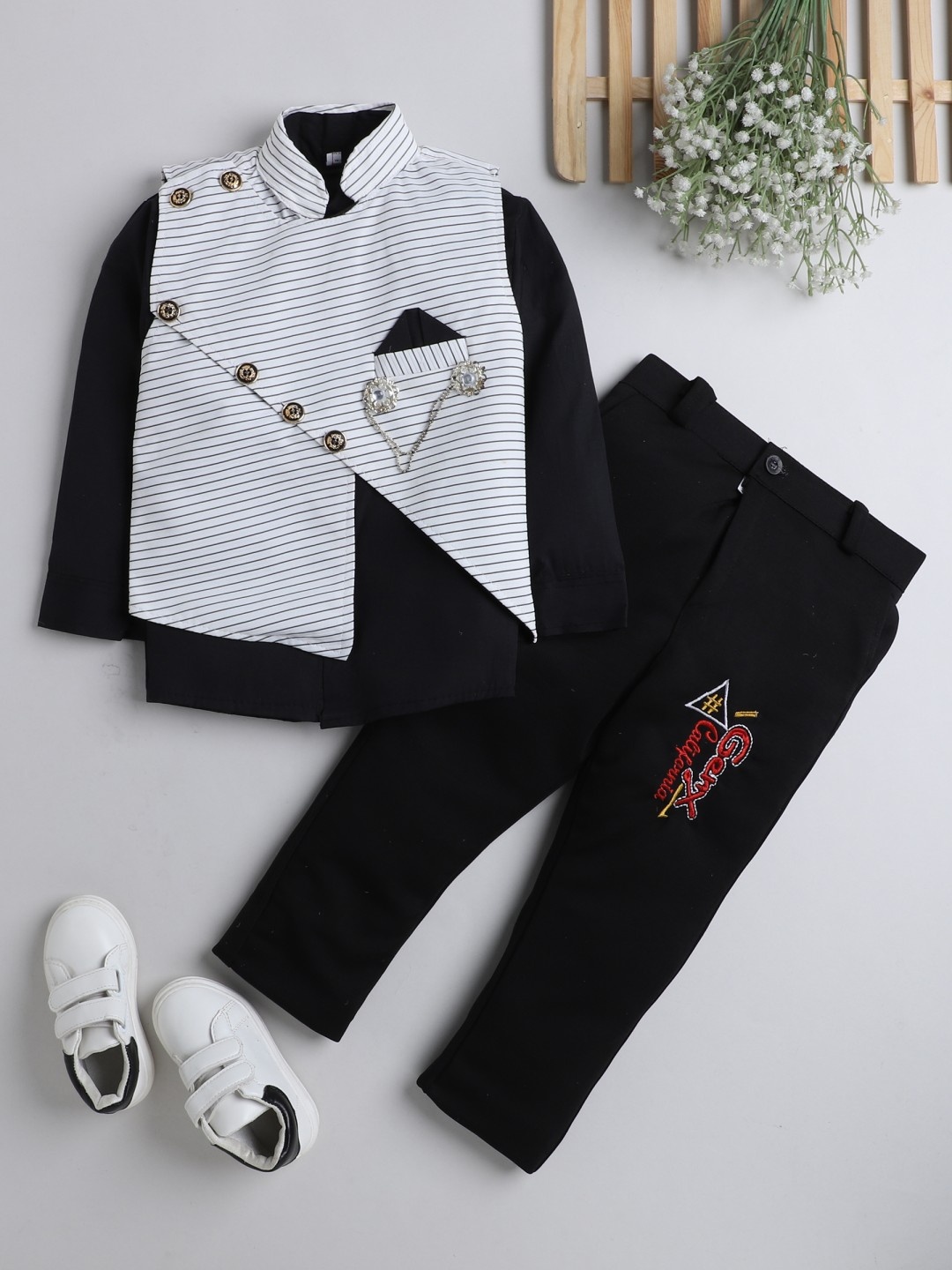 

DKGF FASHION Boys White & Black Shirt with Trousers