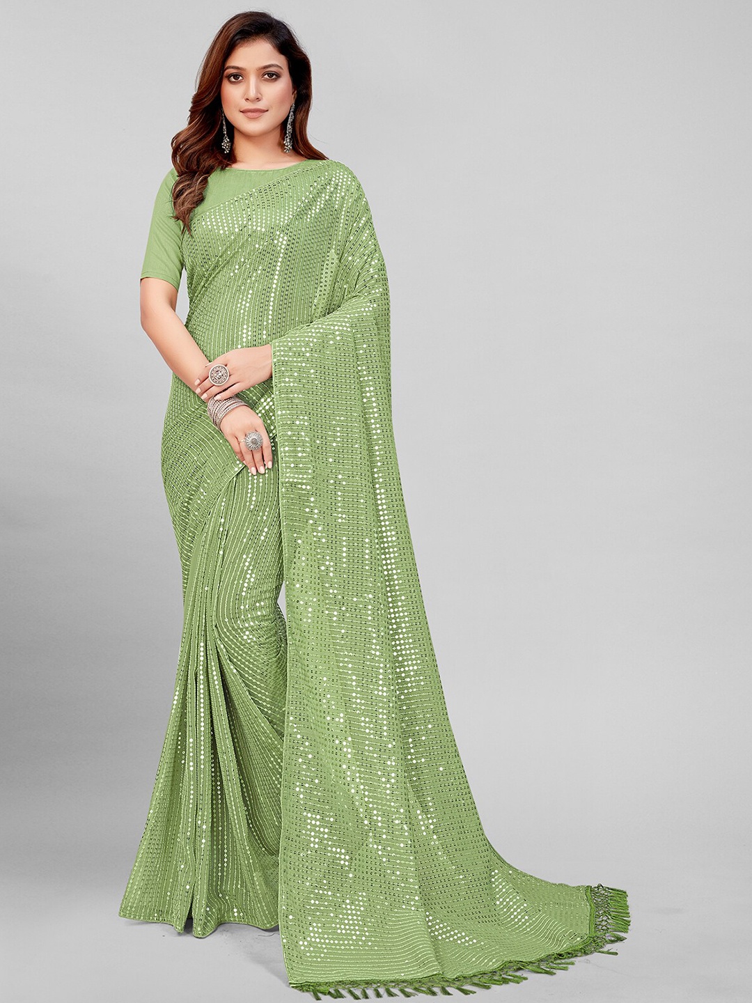 

Granthva Fab Fluorescent Green & Silver-Toned Embellished Sequinned Pure Georgette Saree