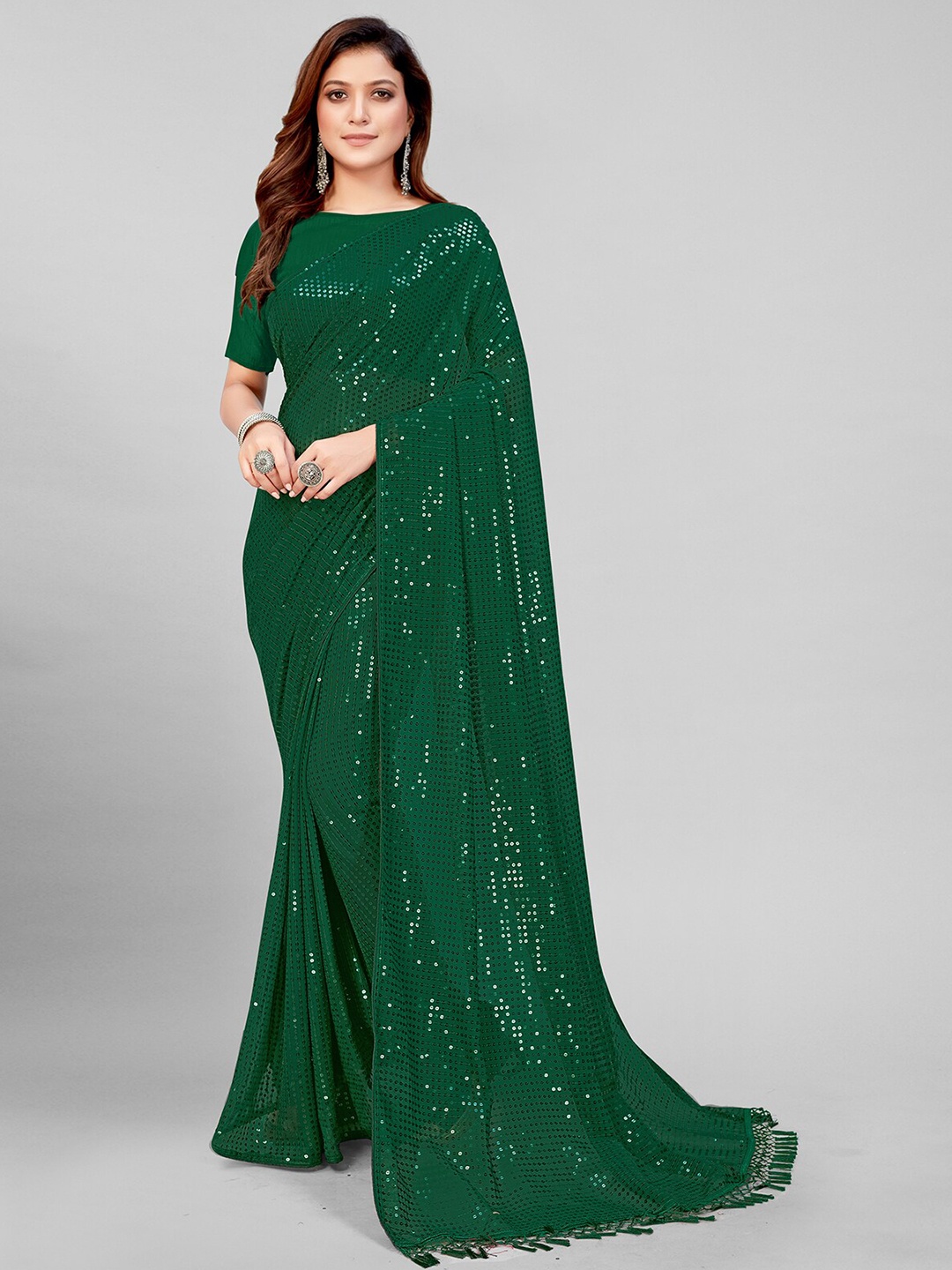 

Granthva Fab Green Embellished Sequinned Pure Georgette Saree