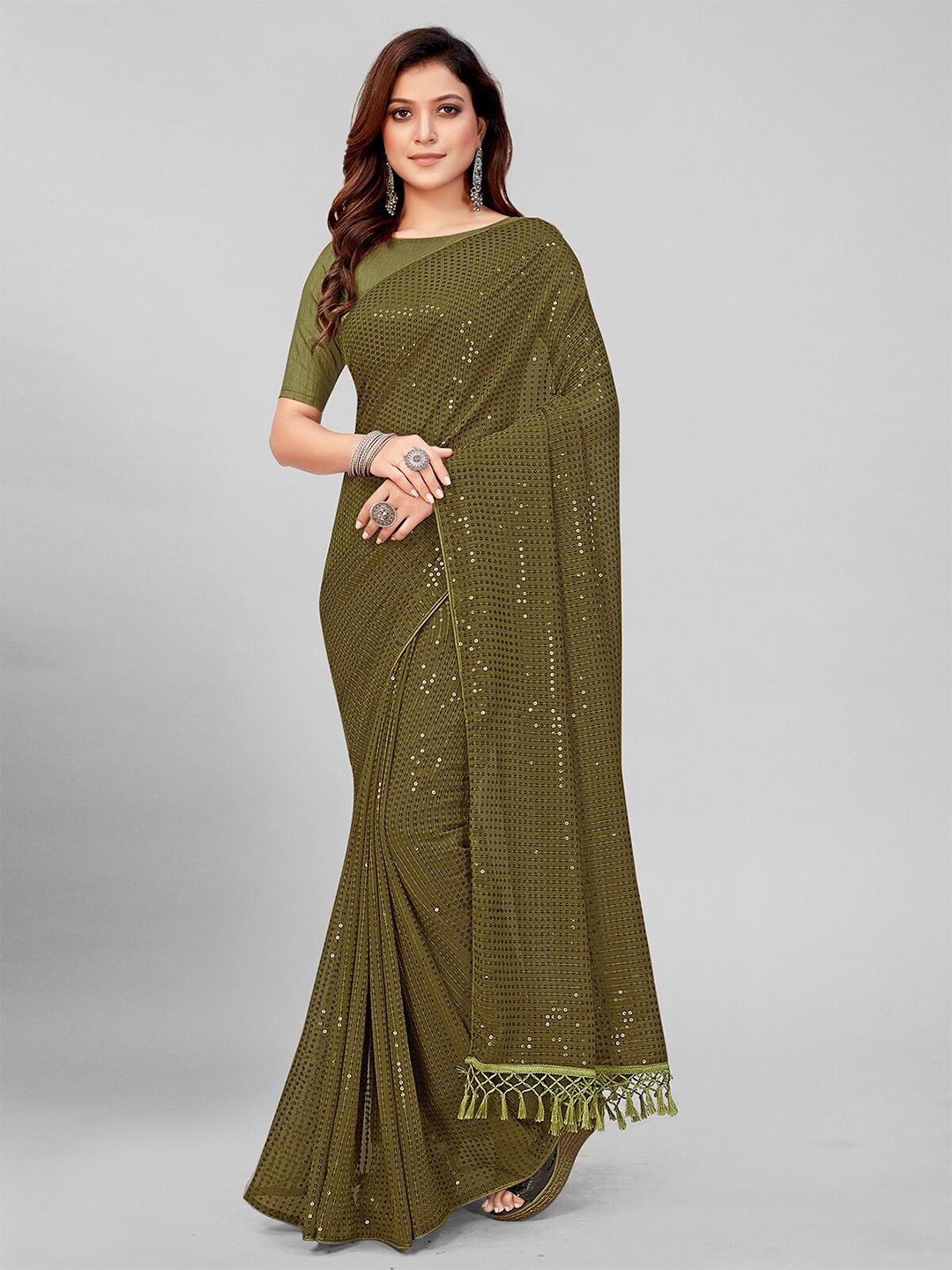 

Granthva Fab Olive Green Embellished Sequinned Pure Georgette Saree