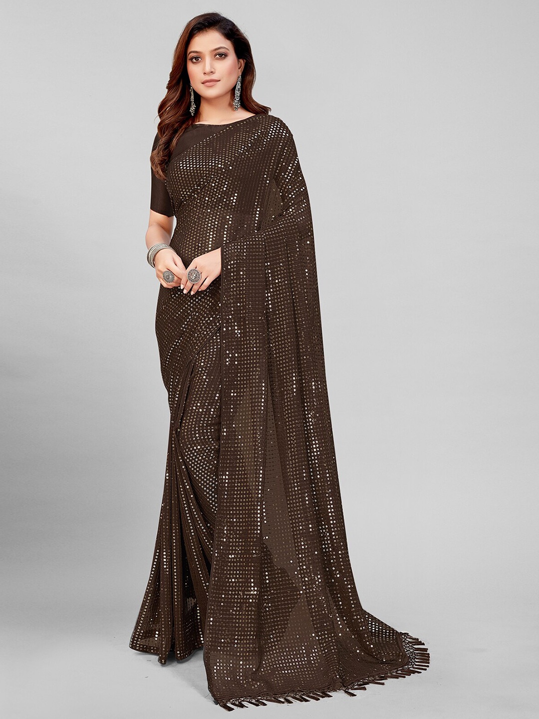 

Granthva Fab Brown Embellished Sequinned Pure Georgette Saree