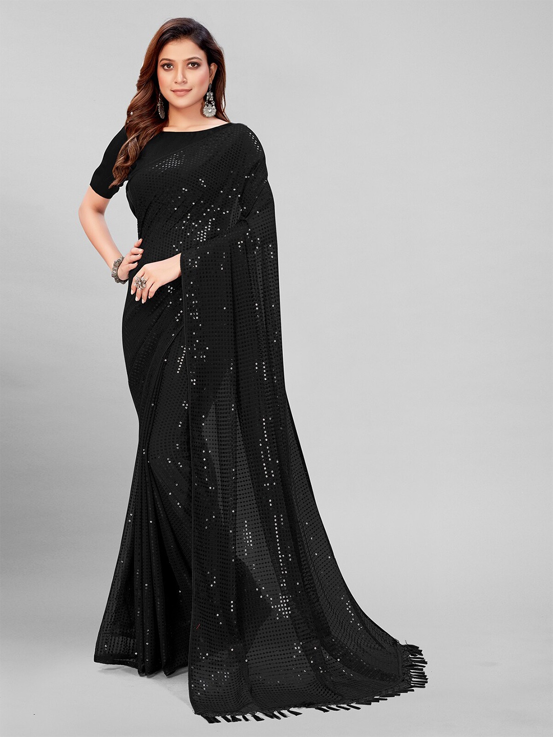 

Granthva Fab Black Embellished Sequinned Pure Georgette Saree