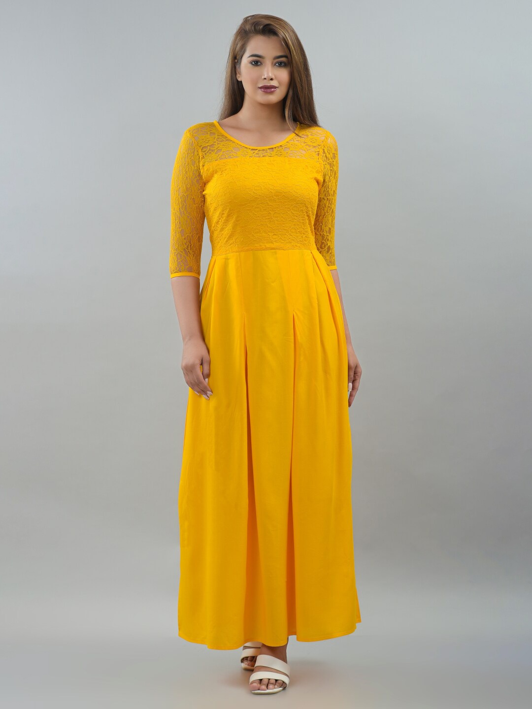 

IQRAAR Yellow Floral Empire Maxi Dress