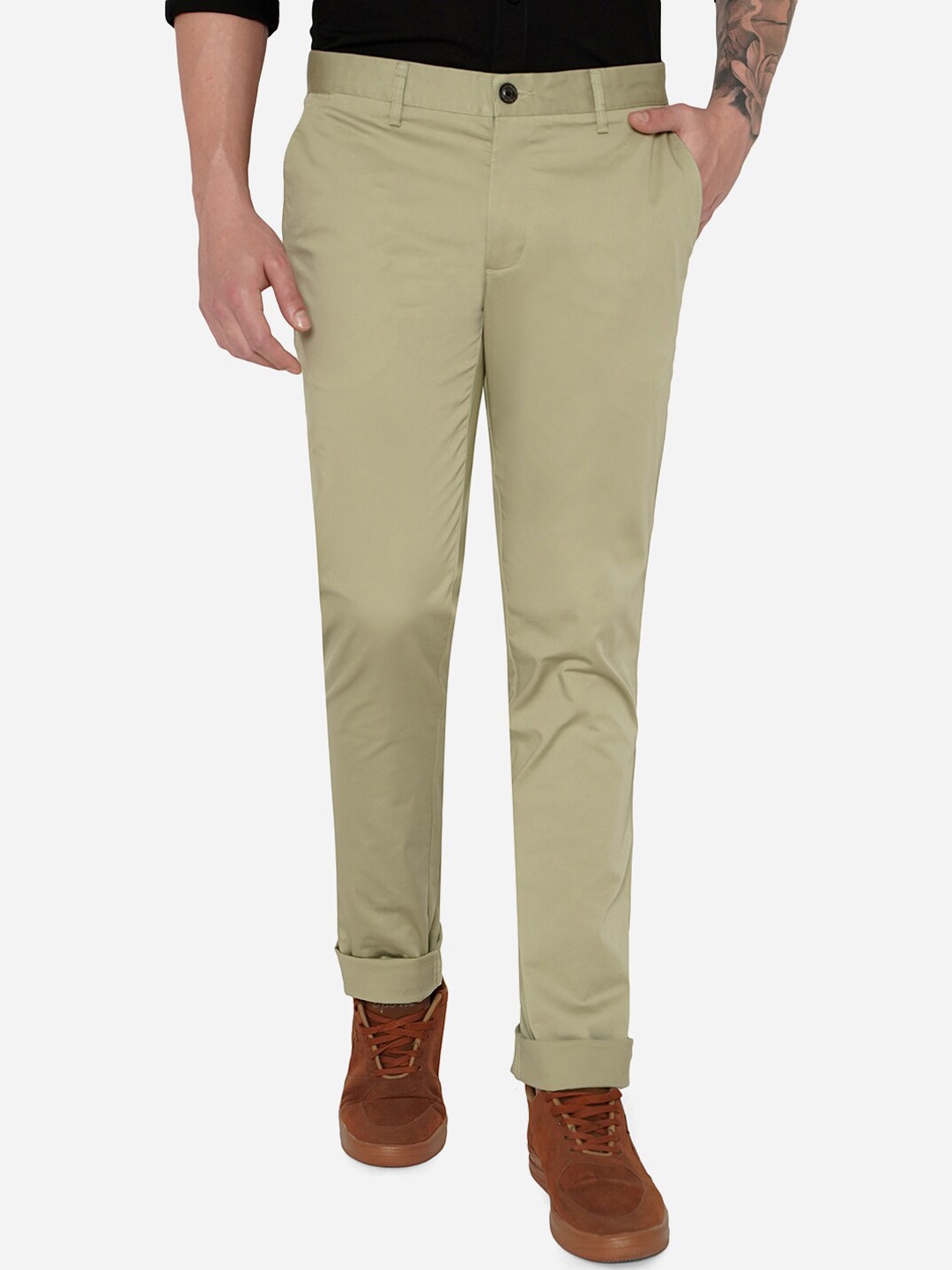 

JADE BLUE Men Green Slim Fit Cotton Chinos Trousers