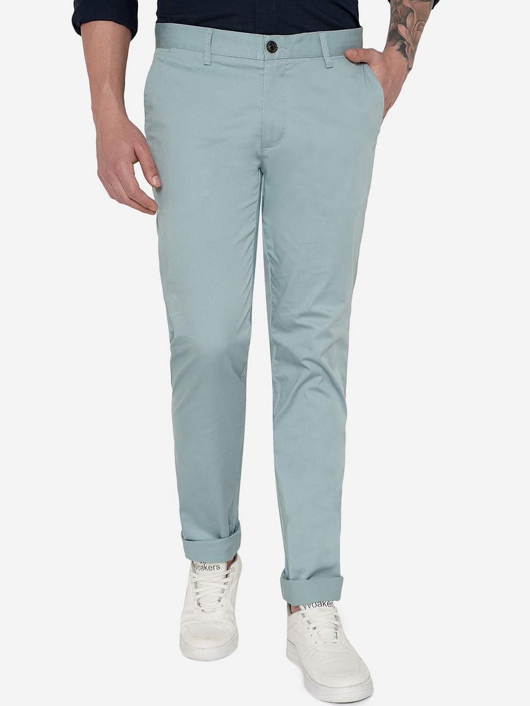 

JADE BLUE Men Blue Slim Fit Solid Cotton Chinos Trousers